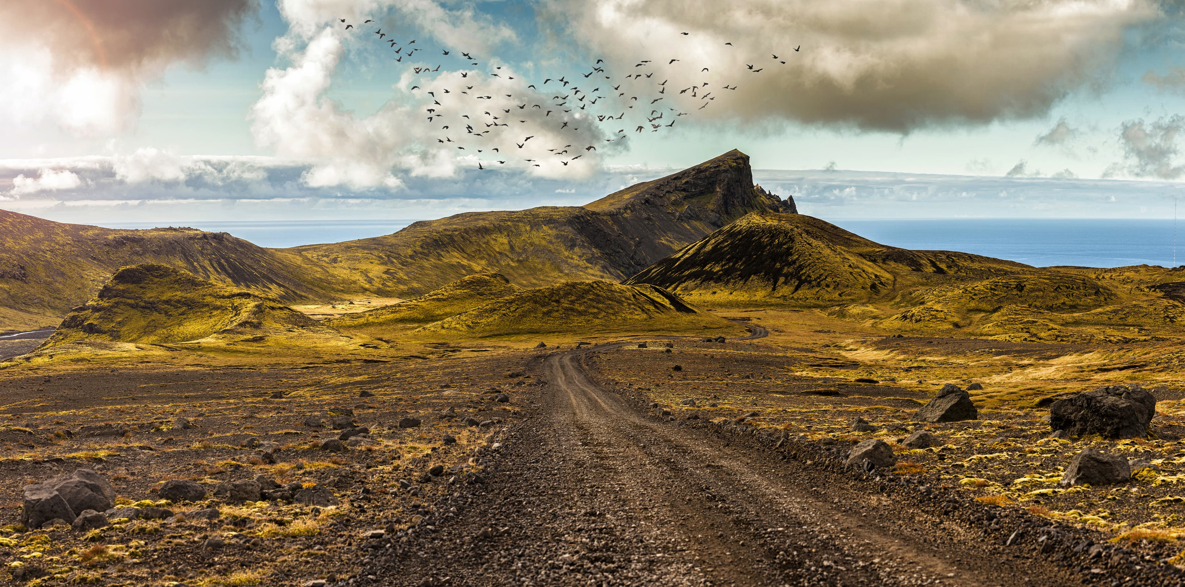 Scenic road and surreal landscape at the Highlands of the Snaefellsnes peninsula near the glacier Snaefellsjokull in Iceland. The wooly gray green moss thrives vibrant above the young lava fields. Scenic road and surreal landscape at the Highlands of the Snaefellsnes peninsula