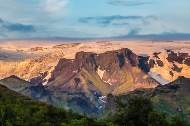View of the Myrdalsjokull glacier , covering the active volcano Katla, Thorsmork, Highlands at the southern end of the famous Laugavegur hiking trail. View of the Myrdalsjokull glacier , covering the active volcano Katla, Thorsmork, Highlands at the southern end of the famous Laugavegur hiking trail.