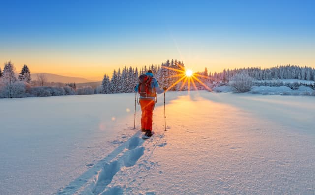Snowshoe walker running in powder snow with beautiful sunrise light. Outdoor winter activity and healthy lifestyle Snowshoe walker running in powder snow