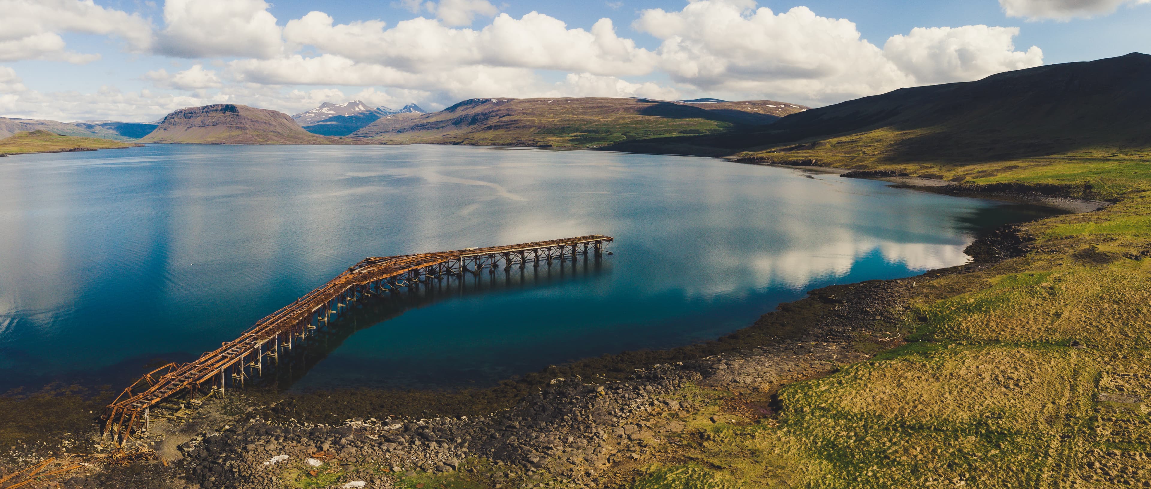 aerial panorama of old pier at Hvítanes, Hvalfjördur, Iceland. Used in World War II by the British and American navies.
