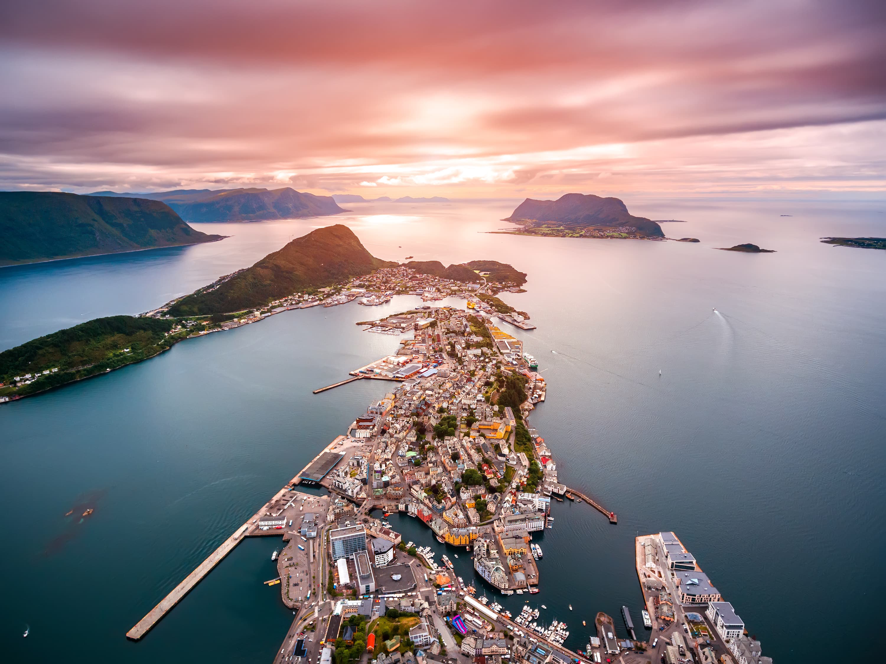Aksla at the city of Alesund , Norway Aerial footage City of Alesund Norway Aerial footage