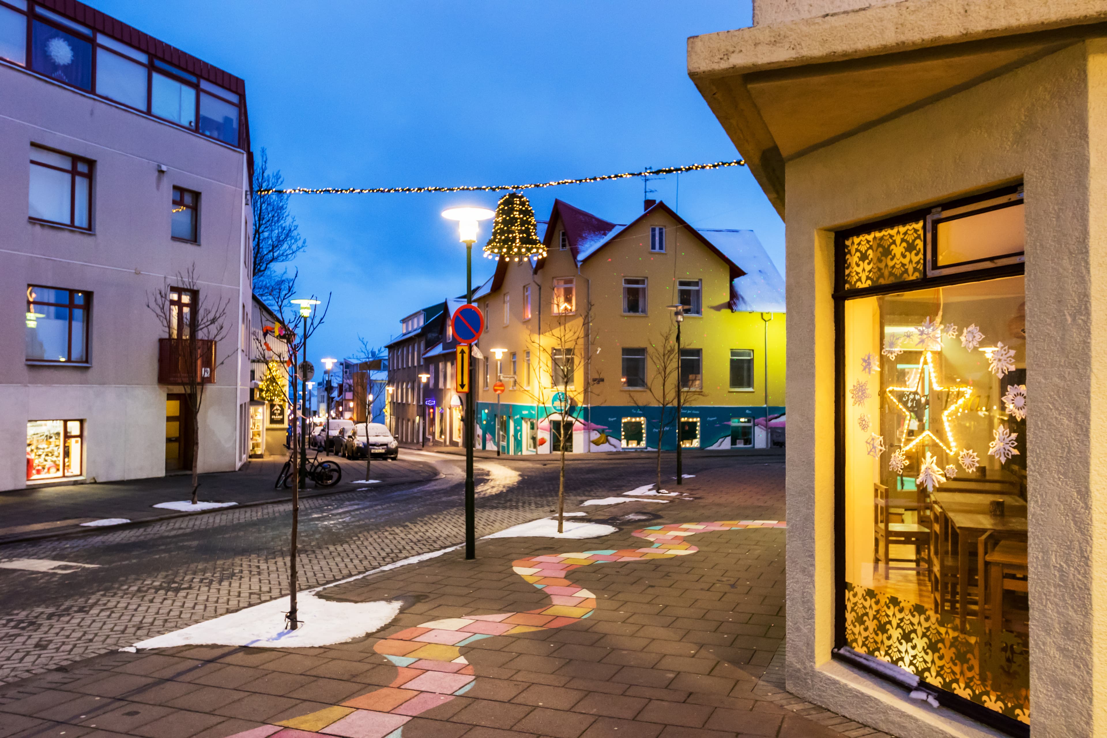 Reykjavik at Christmas time. View of Skolavordustigur street in central part of Reykjavik leading to the Hallgrimskirkja Church, the capital city of Iceland. Streets in Reykjavik at Christmas time, Iceland