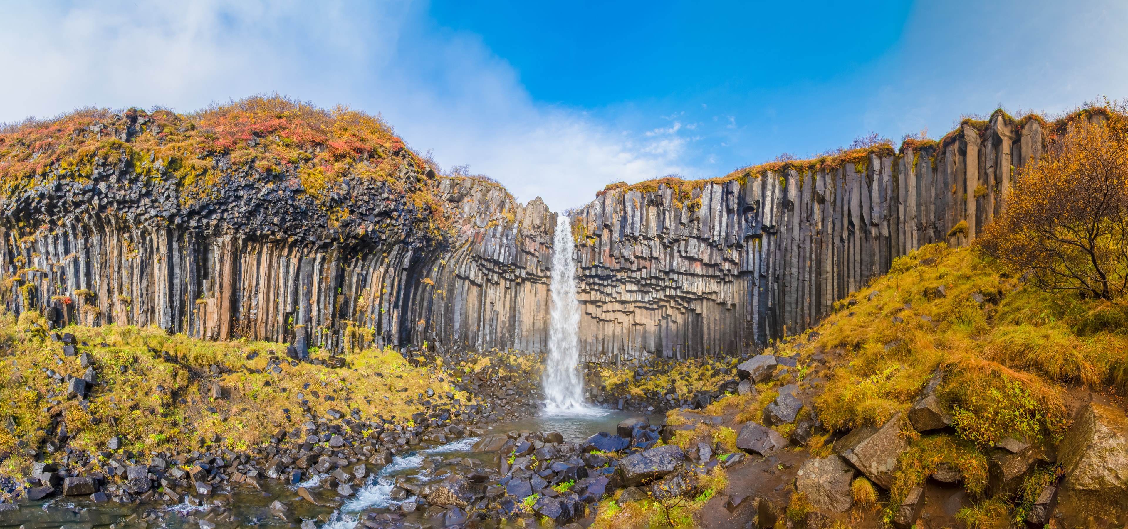 Svartifoss waterfall panorama of black basalt columns between autumn colored nature Svartifoss waterfall panorama of black basalt columns between autumn colored landscape