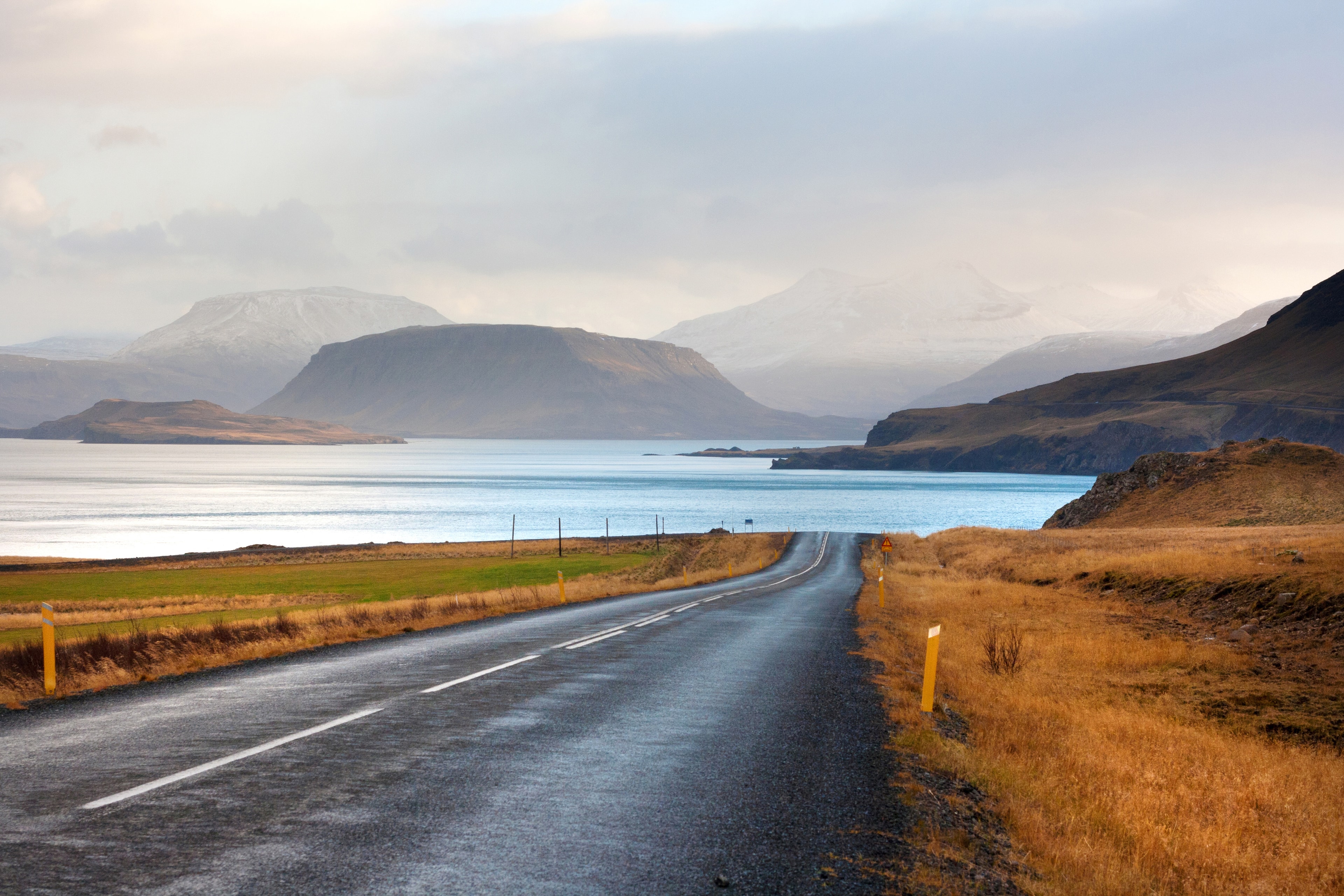 Amazing Icelandic landscape with a mountains and a gulf called Hvalfjordur. Beautiful mountains by Hvalfjordur fiord. Iceland.