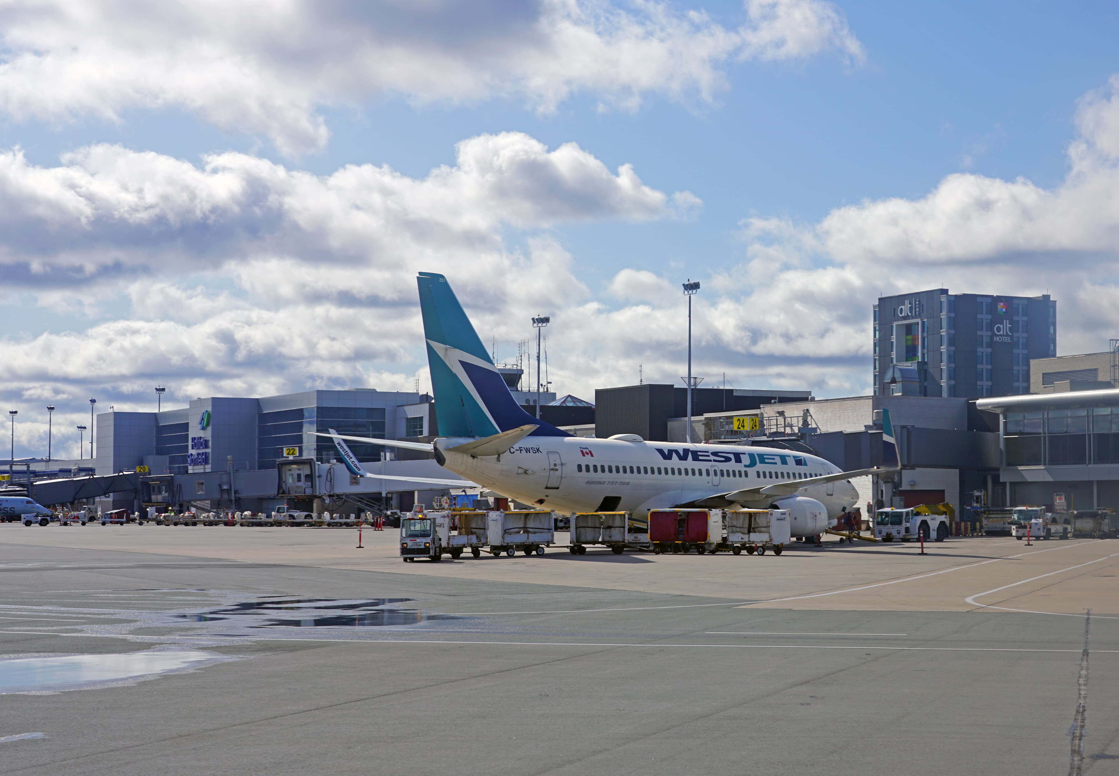 HALIFAX, NOVA SCOTIA -5 OCT 2019- View of a plane from Canadian airline WestJet (WS) at the Halifax Stanfield International Airport (YHZ) in Halifax, Nova Scotia, Canada. Nova Scotia Region 06