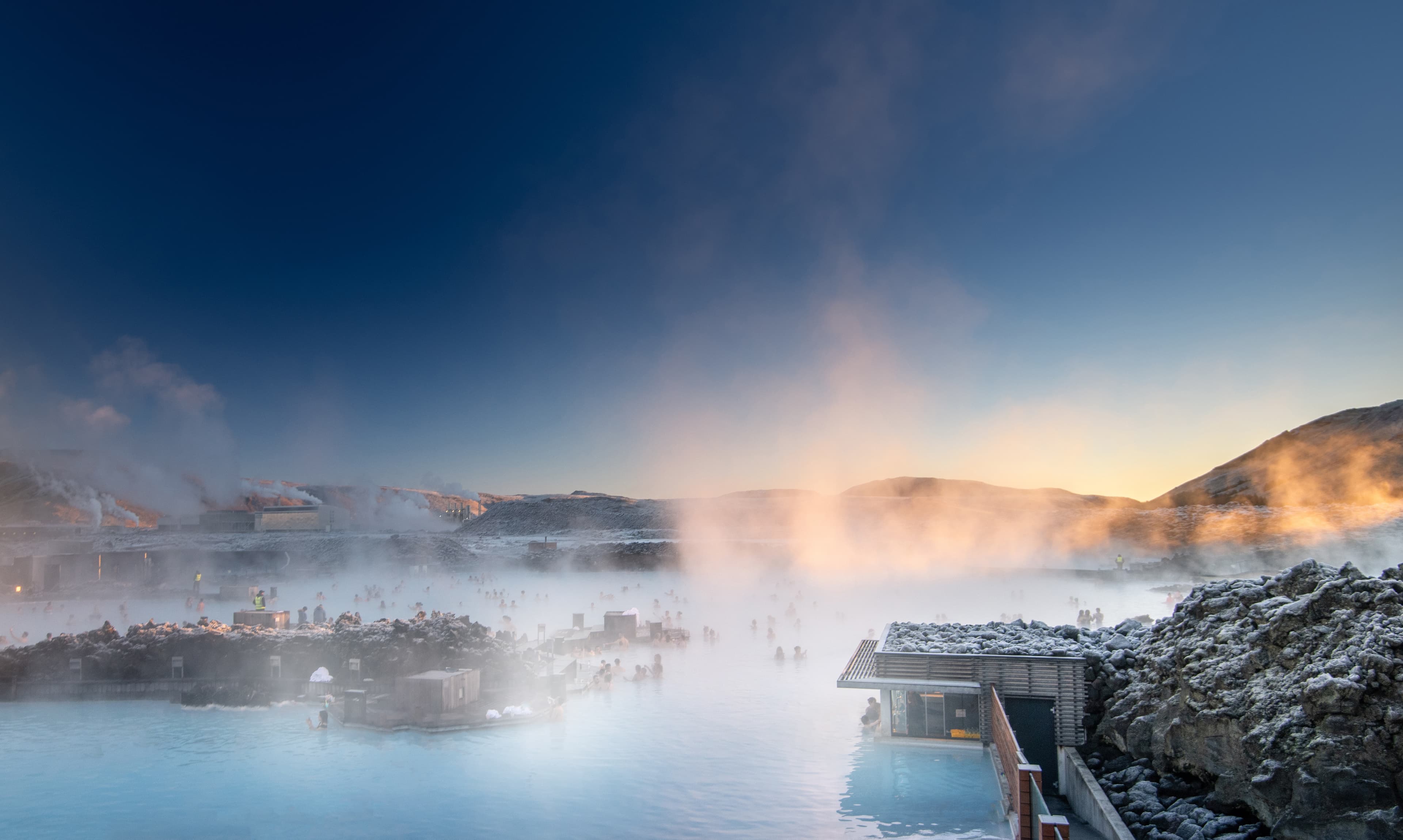 Beautiful landscape and sunset near Blue lagoon hot spring spa in Iceland