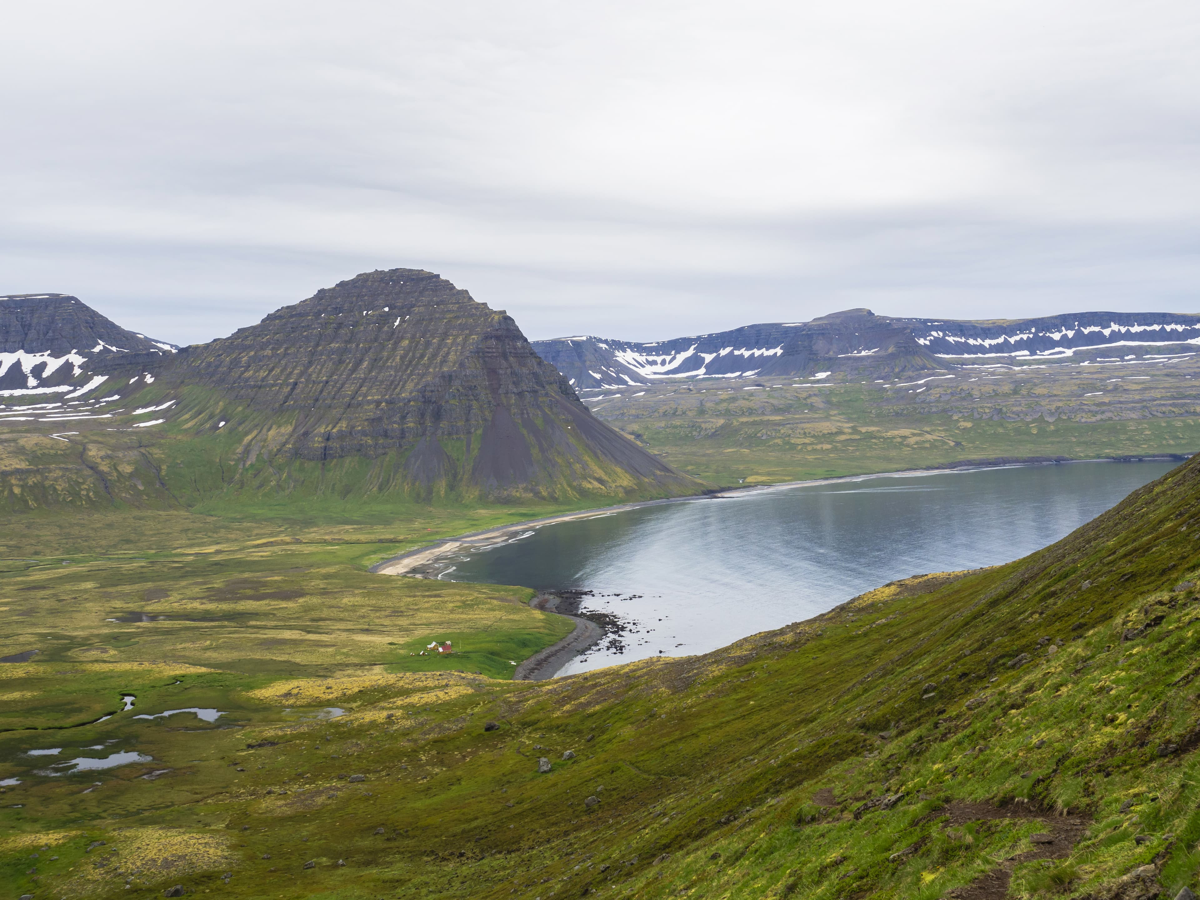 Northern summer landscape, View on beautiful snow covered cliffs and Alfsfell mountain, Hloduvik cove in Hornstrandir, west fjords, Iceland, with river stream, green meadow and abadoned farm budir, moody sky background Northern summer landscape, View on beautiful snow covered cliffs and Alfsfell mountain, Hloduvik cove in Hornstrandir, west fjords, Iceland, with river stream, green meadow and abadoned farm budir, moody sky background