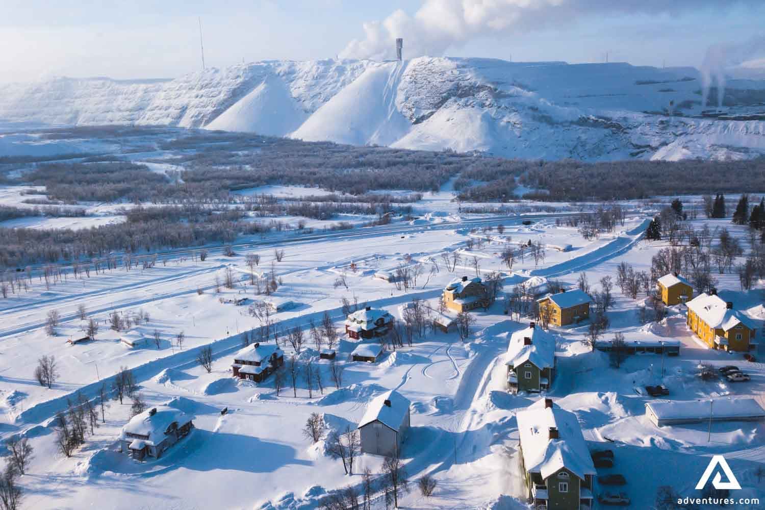 Aerial winter view of Kiruna, the northernmost town in Sweden, province of Lapland, winter sunny picture shot from drone Aerial winter view of Kiruna, the northernmost town in Sweden, province of Lapland, winter sunny picture shot from drone