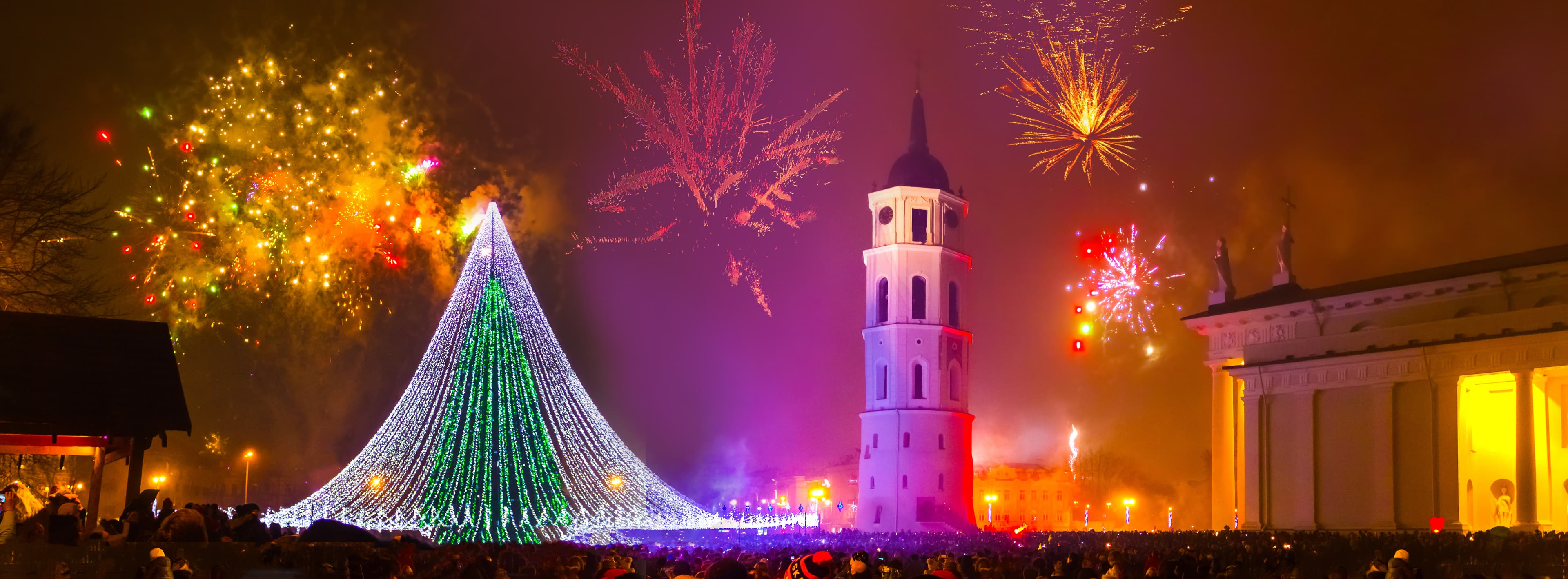 The main firework in Lithuania at New Year. The most interesting and popular viewpoint to historical disrict of Vilnius with Gediminius tower. The main firework in Lithuania at New Year