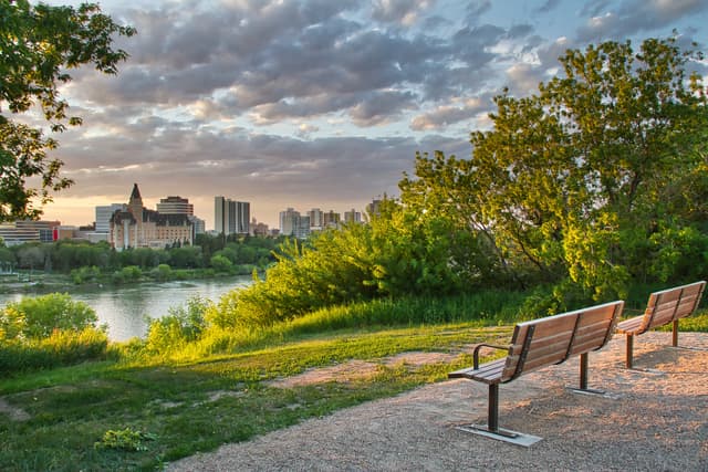 Park Brench and City at Sunset Saskatoon City Attraction 2
