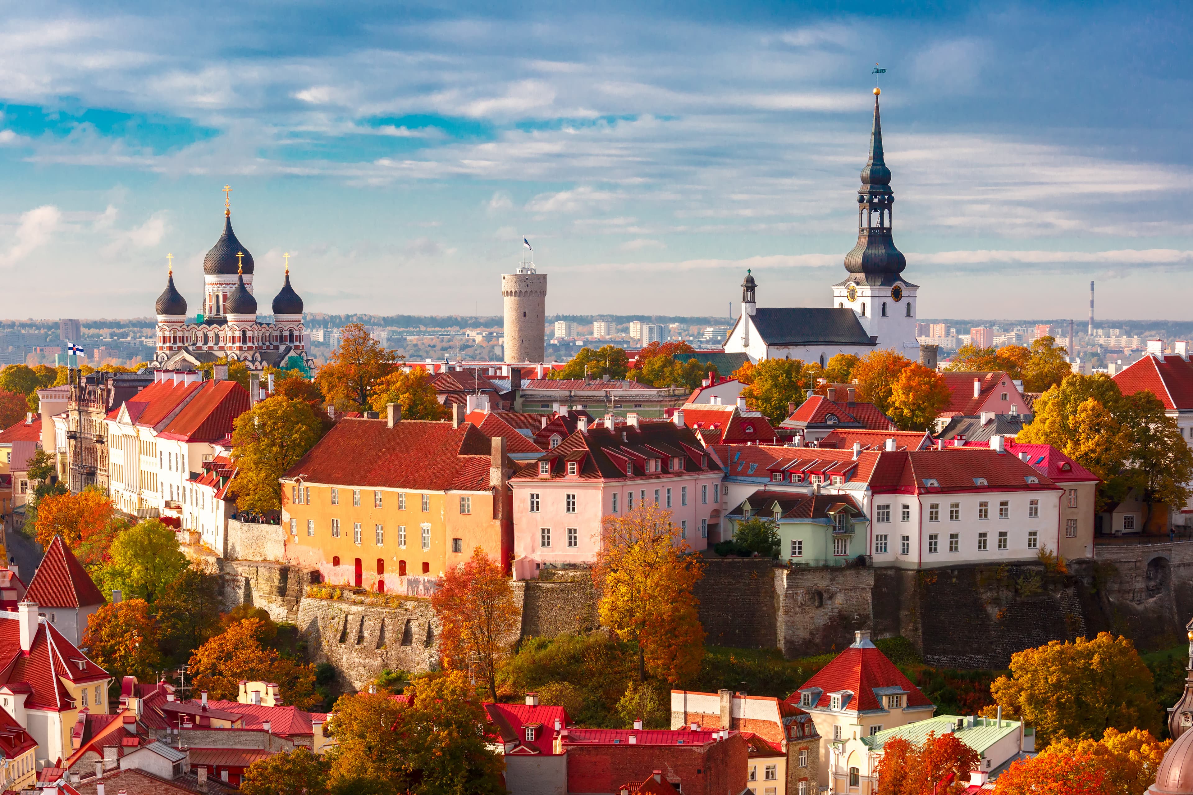 Toompea hill with tower Pikk Hermann, Cathedral Church of Saint Mary Toomkirik and Russian Orthodox Alexander Nevsky Cathedral, view from the tower of St. Olaf church, Tallinn, Estonia Aerial view old town, Tallinn, Estonia