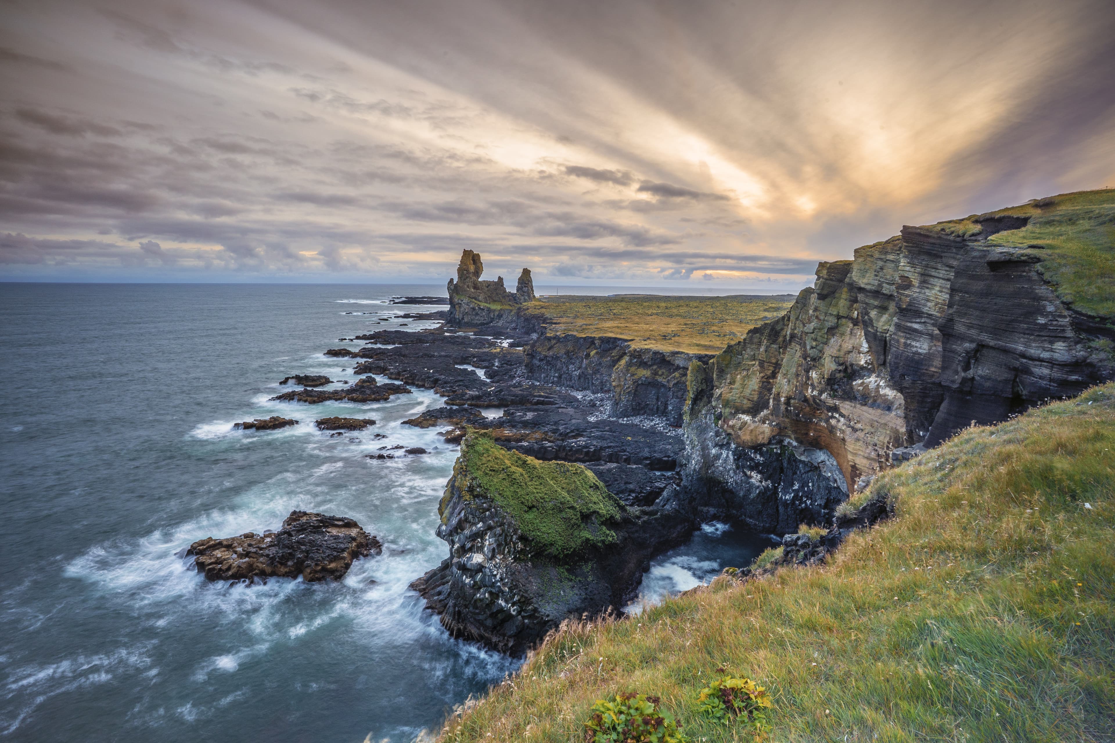 Londrangar basalt rock monolith at the southcoast of Snaefellsness peninsula in western Iceland, landscape photography