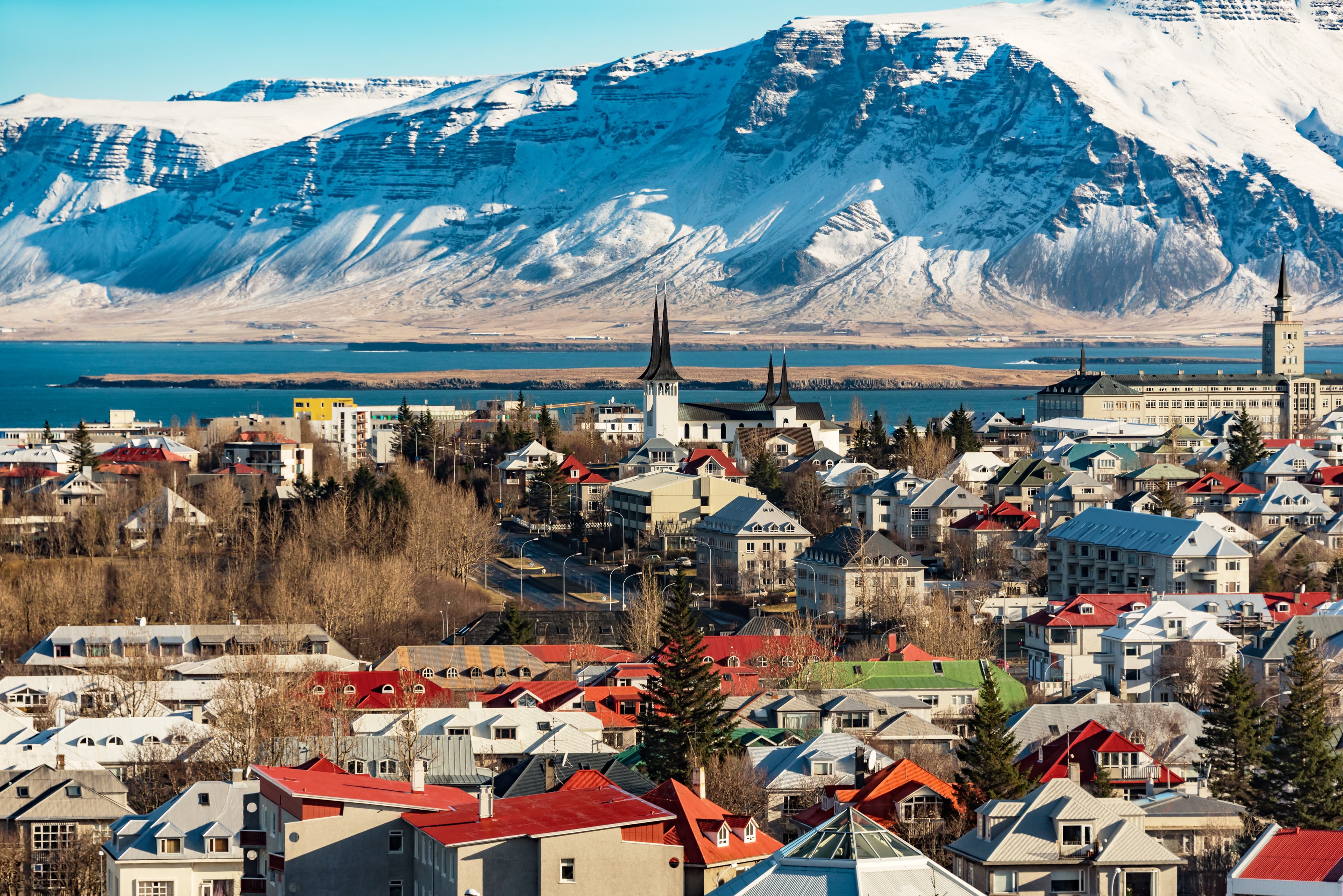 panoramic view of reykjavik at wintertime, iceland