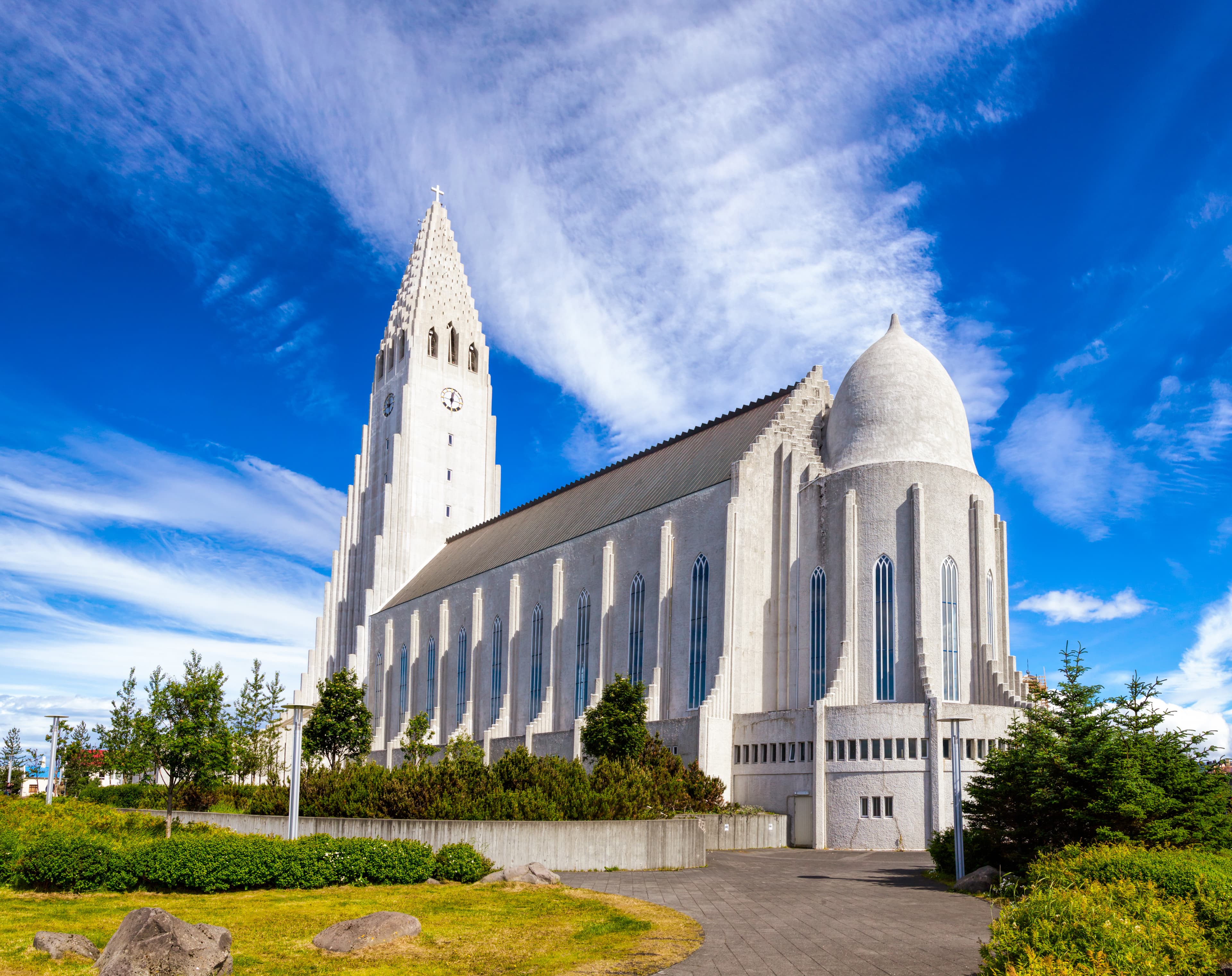 Reykjavik, Iceland - July 20, 2015: Expressionist architecture style Hallgrimskirkja (church of Hallgrímur) lutheran parish church, the largest church in Iceland Hallgrimskirkja Lutheran parish church in Reykjavik Iceland Scandinavia