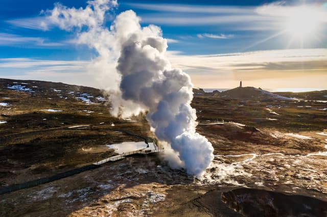 Gunnuhver geothermal area, Reykjanes peninsula, Iceland Aerial view Gunnuhver geothermal area at sunset, Reykjanes peninsula, Iceland