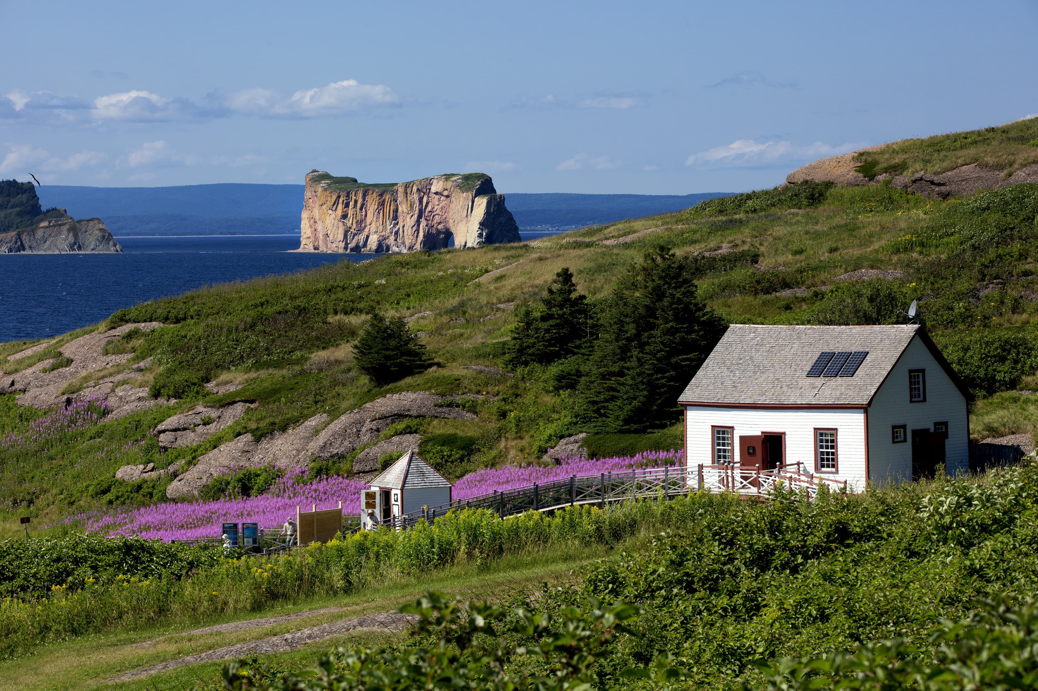 Beautiful view of The Rocher Perce from Bonaventure island in Perce, Gaspesie, Canada View of Rocher perce in Gaspesie, Quebec from Bonaventure island
