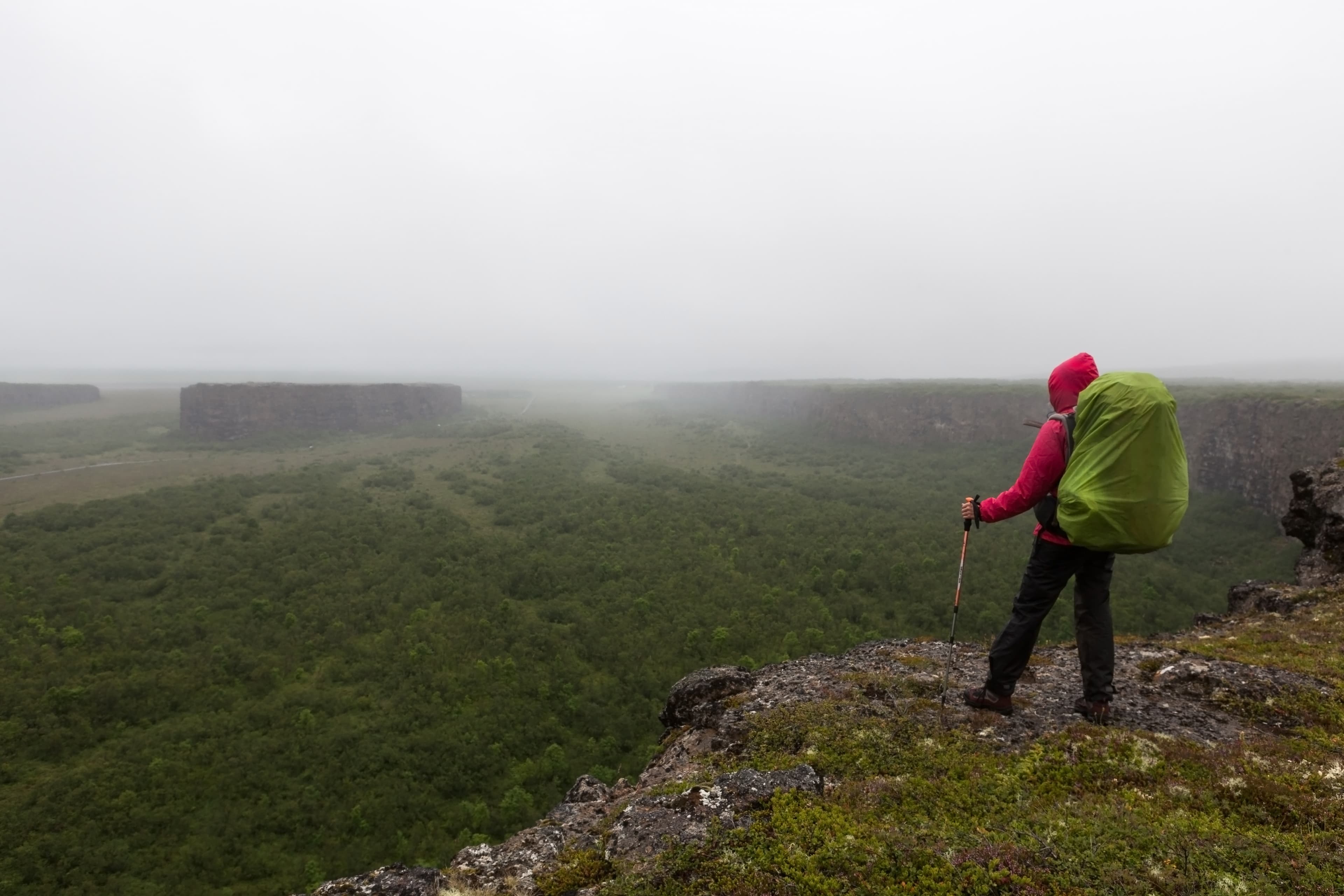 Iceland hiking, wild adventure concept. Single unidentified female traveler standing on the cliff of famous horseshoe near Asbyrgi, Northern Iceland. Solitude landscape. Iceland hiking, wild adventure concept. Single unidentified female traveler standing on the cliff of famous horseshoe near Asbyrgi, Northern Iceland. Solitude landscape.