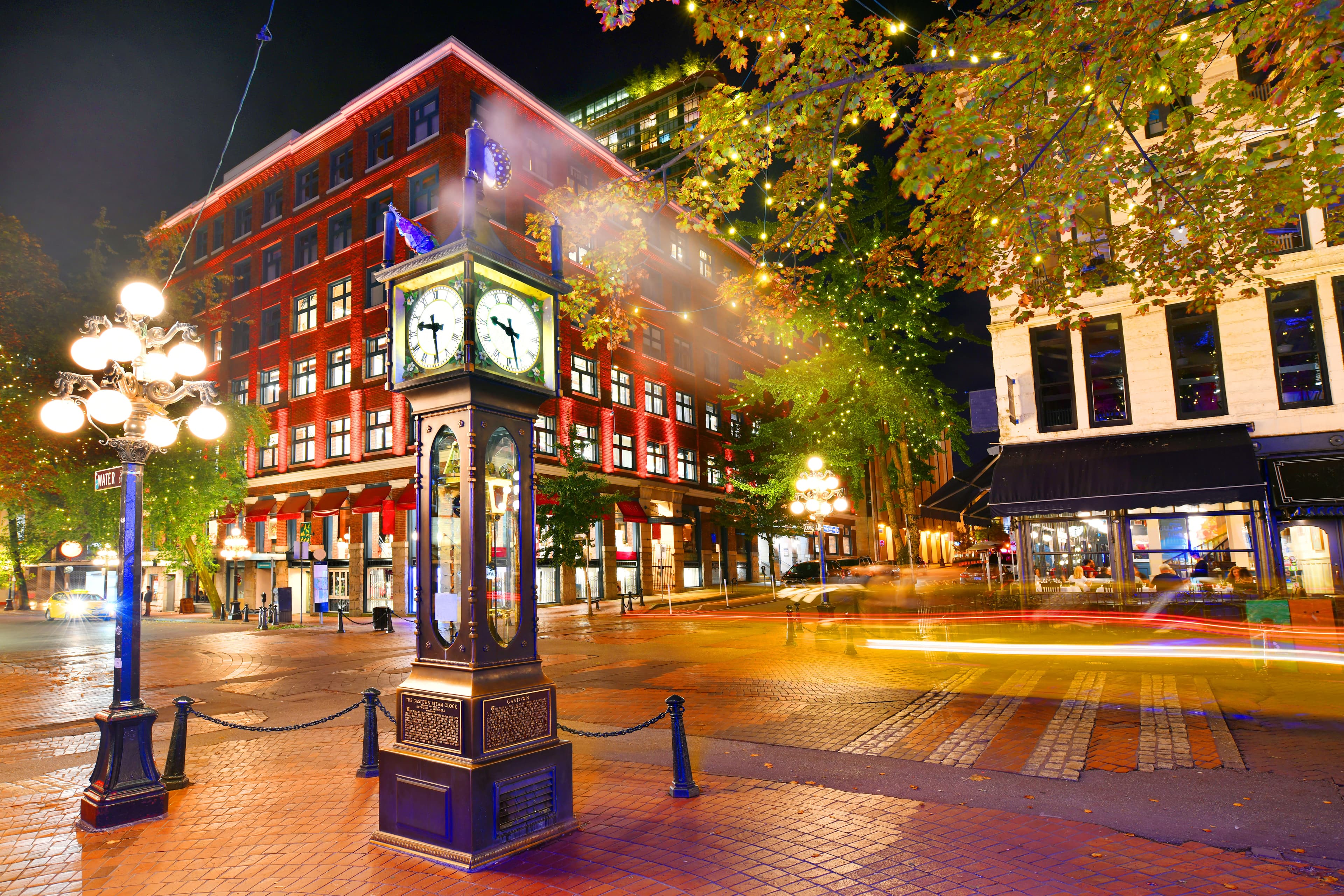 Night view of Historic Steam Clock in Gastown Vancouver,British Columbia, Canada