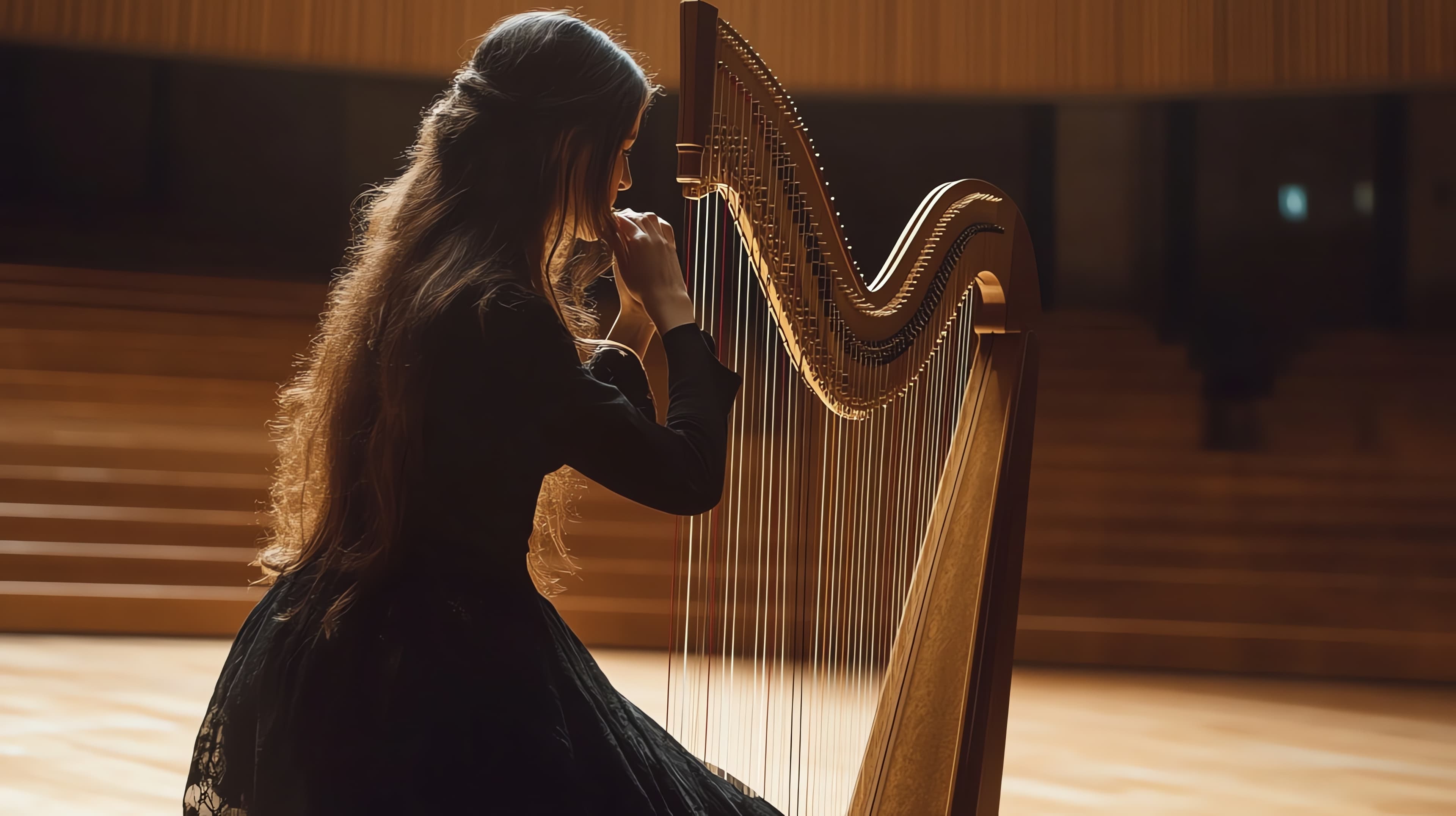A woman plays a harp in a concert setting. A woman plays a harp in a concert setting.