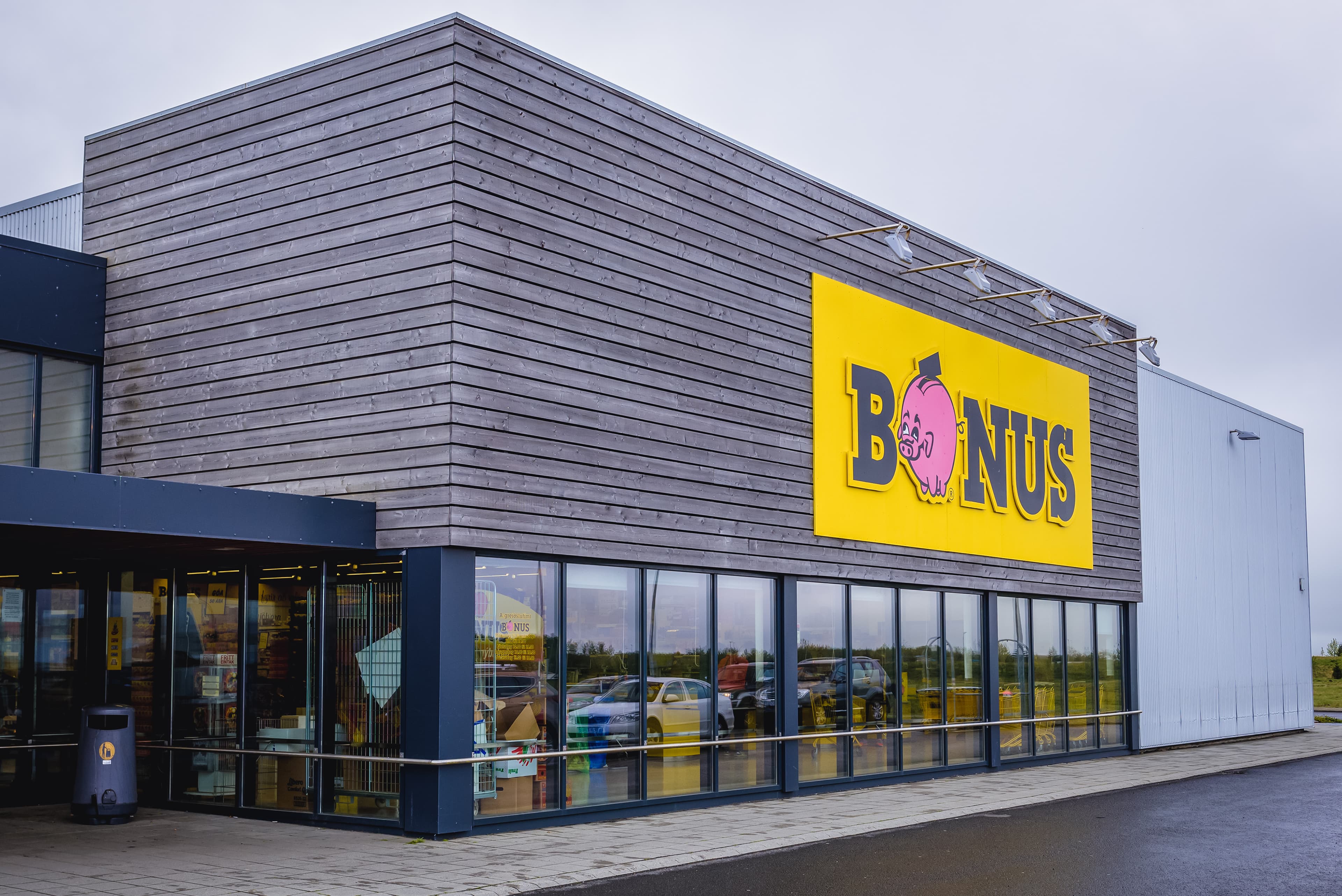 Selfoss, Iceland - June 8, 2018: Exterior view of Bonus discount store in Selfoss town Selfoss, Iceland - June 8, 2018: Exterior view of Bonus discount store in Selfoss town