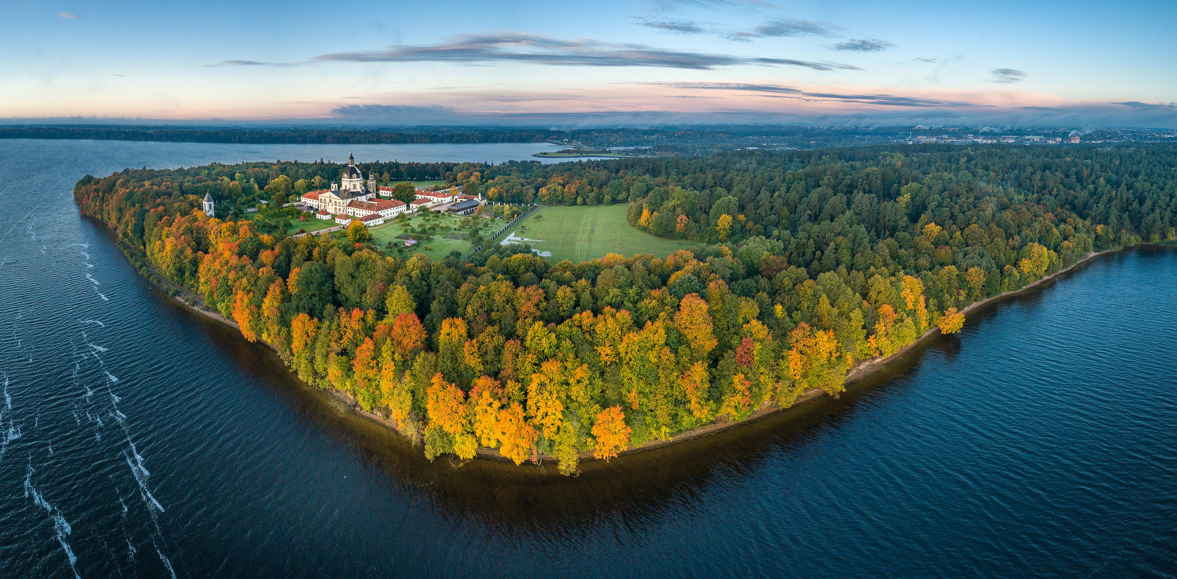 Pazaislis Monastery in Kaunas, Lithuania. Drone aerial panorama. Autumn season. Pazaislis Monastery in Kaunas, Lithuania