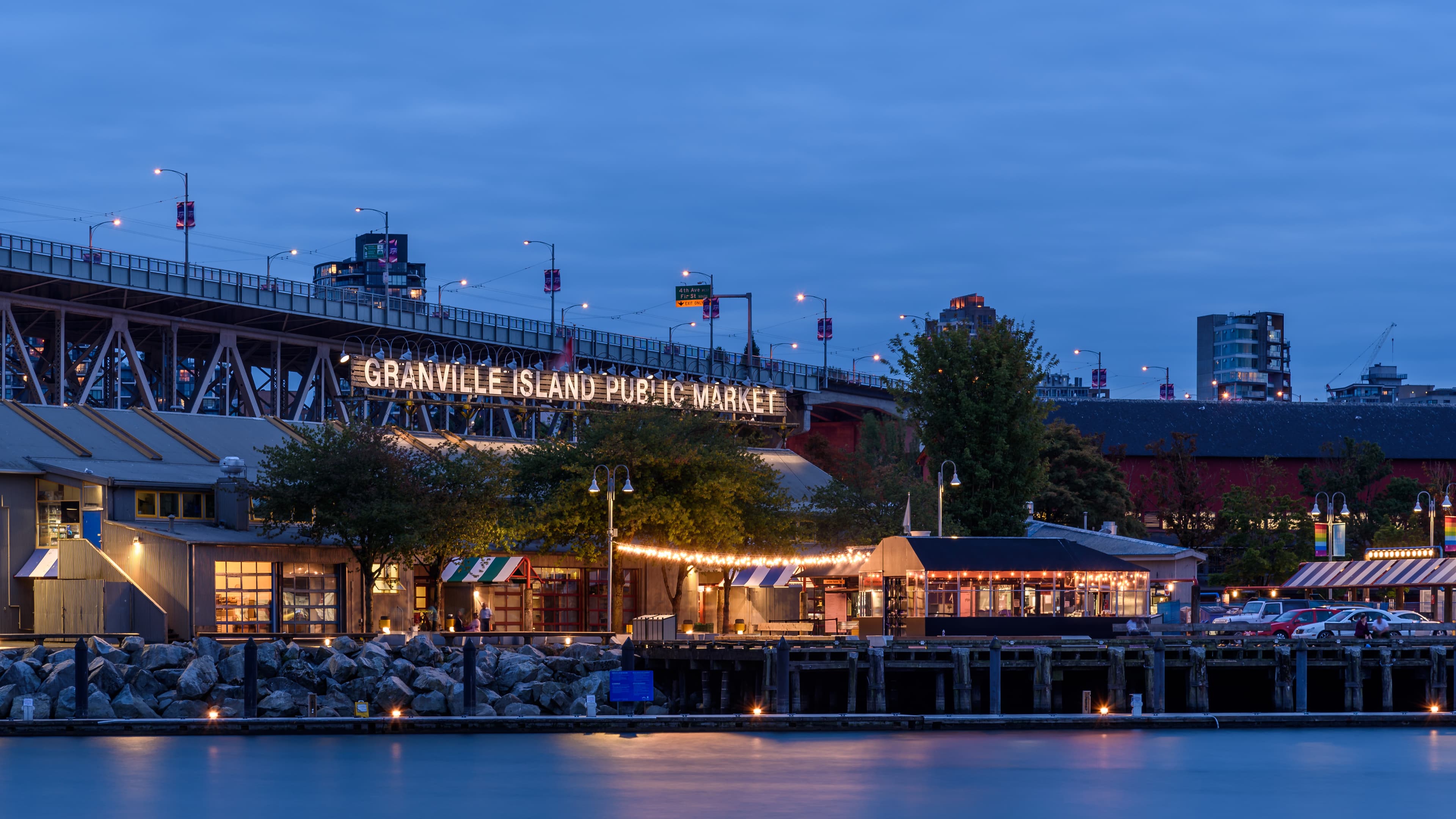 Granville Island market, lit up at dusk