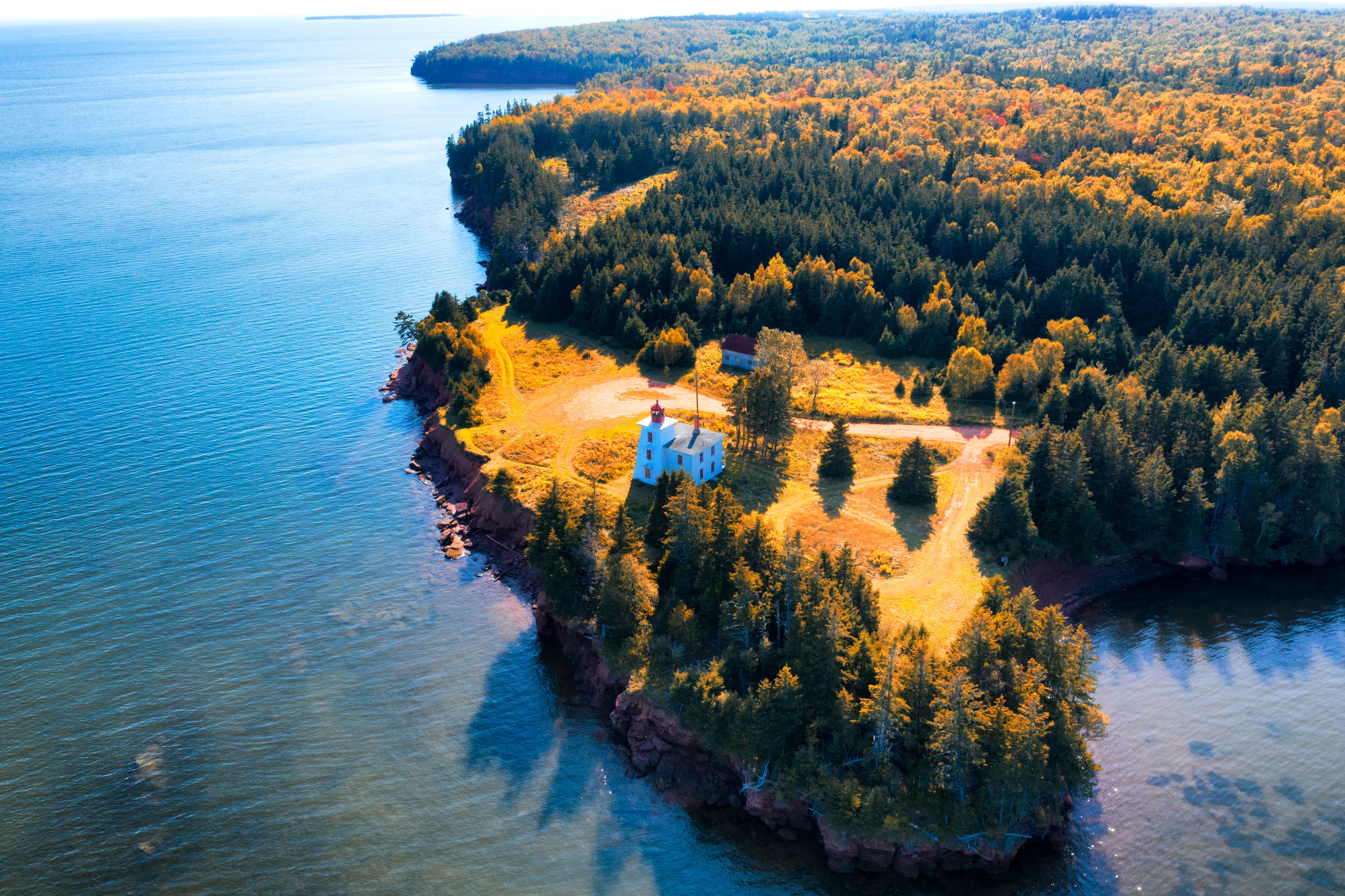 Drone aerial view of Rocky Point lighthouse, Prince Edward Island, Canada