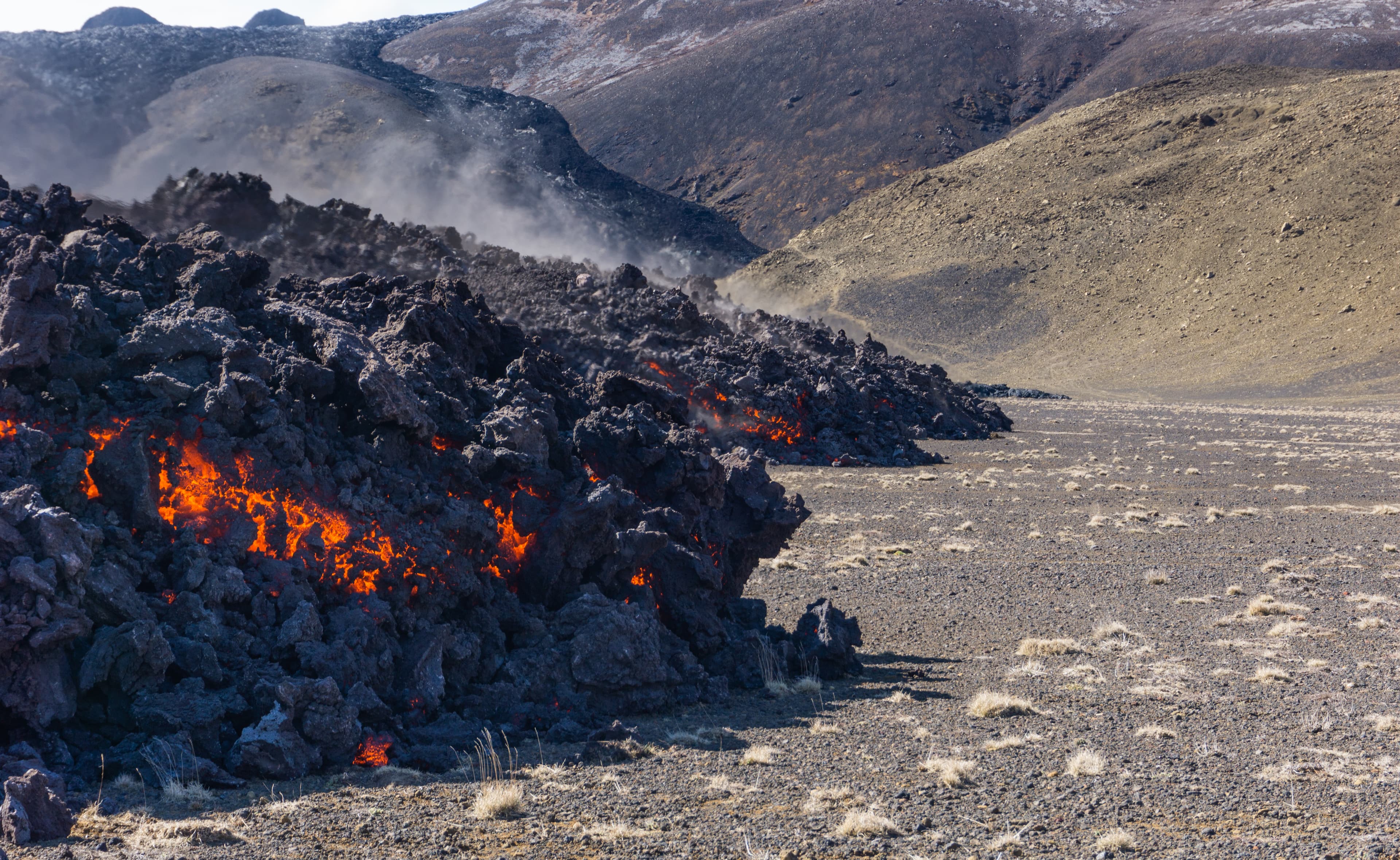 Volcanic eruption in Mt Fagradalsfjall, Southwest Iceland. The eruption began in March 2021, only about 30 km away from the capital of Reykjavik.