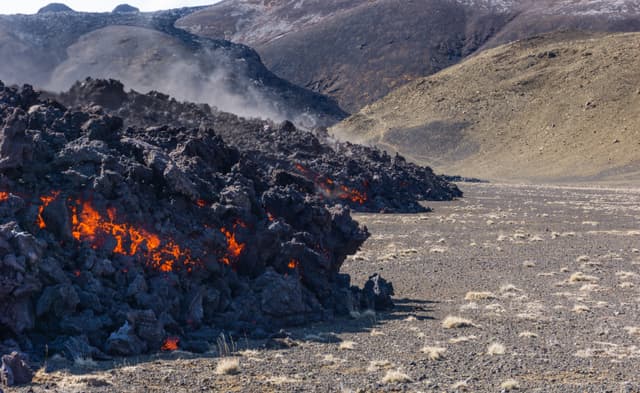 Volcanic eruption in Mt Fagradalsfjall, Southwest Iceland. The eruption began in March 2021, only about 30 km away from the capital of Reykjavik.