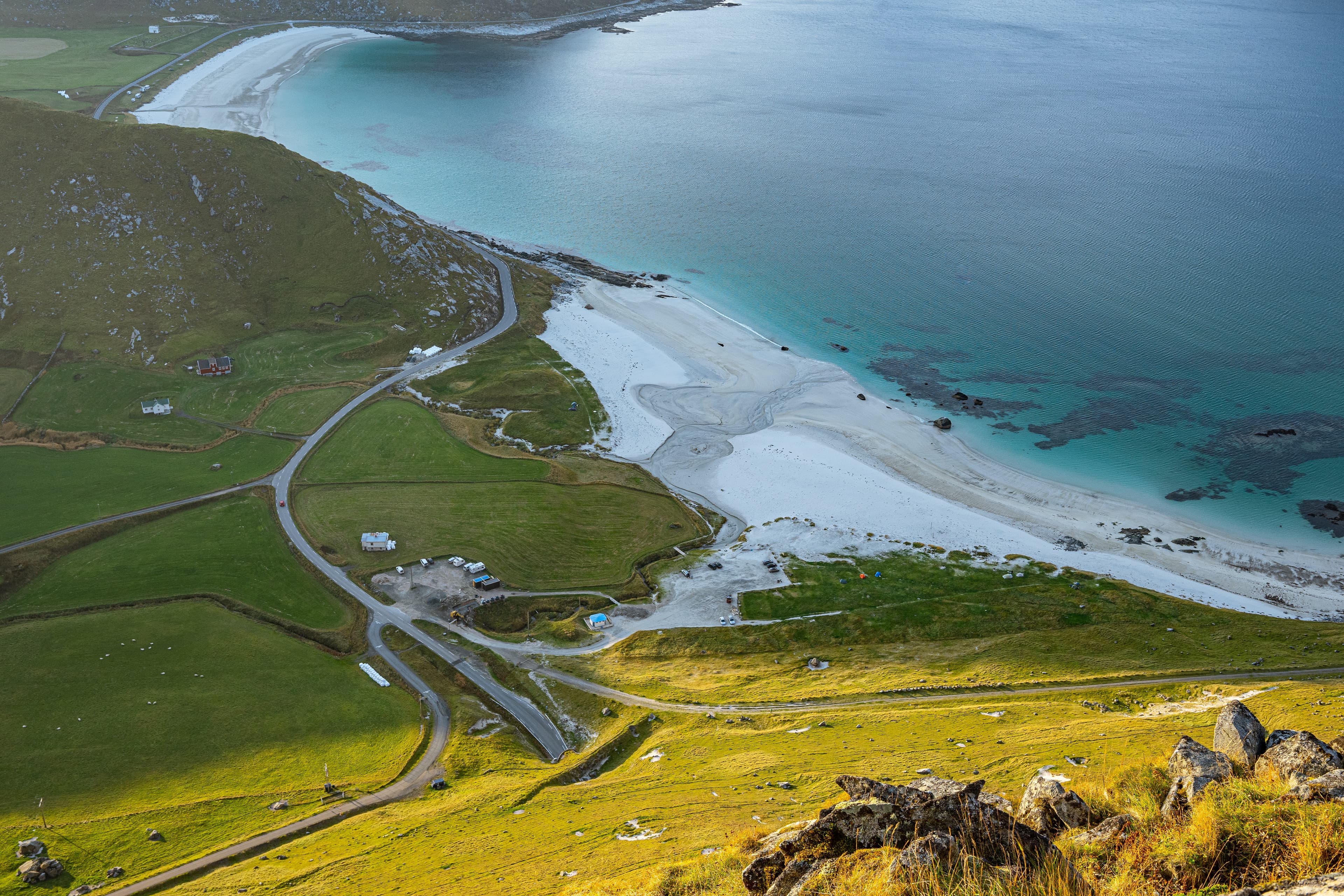 View to Haukland beach from a mountain