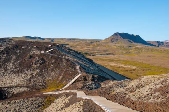 Stair towards the crater of Grabrok mountain in west Iceland Stair towards the crater of Grabrok mountain in west Iceland