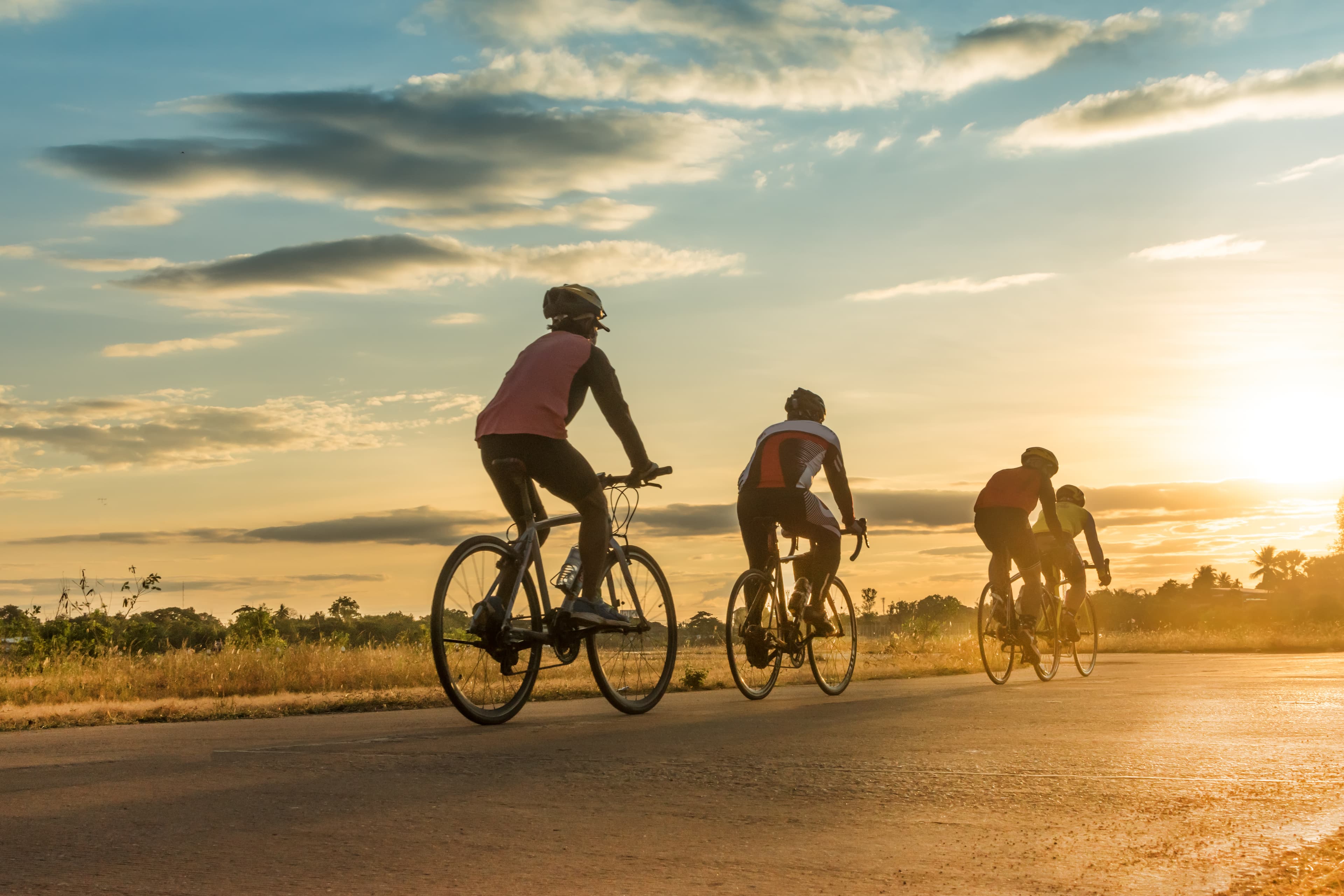 Group of men ride bicycles at sunset with sunbeam over silhouette trees background. Group of men ride bicycles at sunset with sunbeam over silhouette trees background.