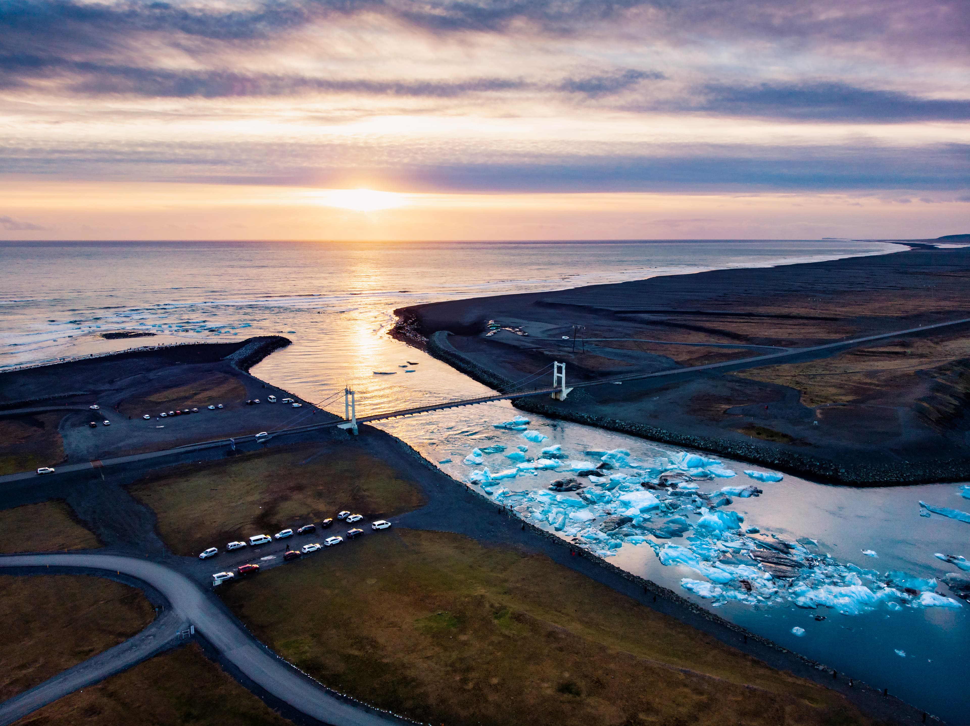 Diamond beach and Jokulsarlon Glacier Lagoon in Iceland aerial view Diamond beach and Jokulsarlon Glacier Lagoon in Iceland