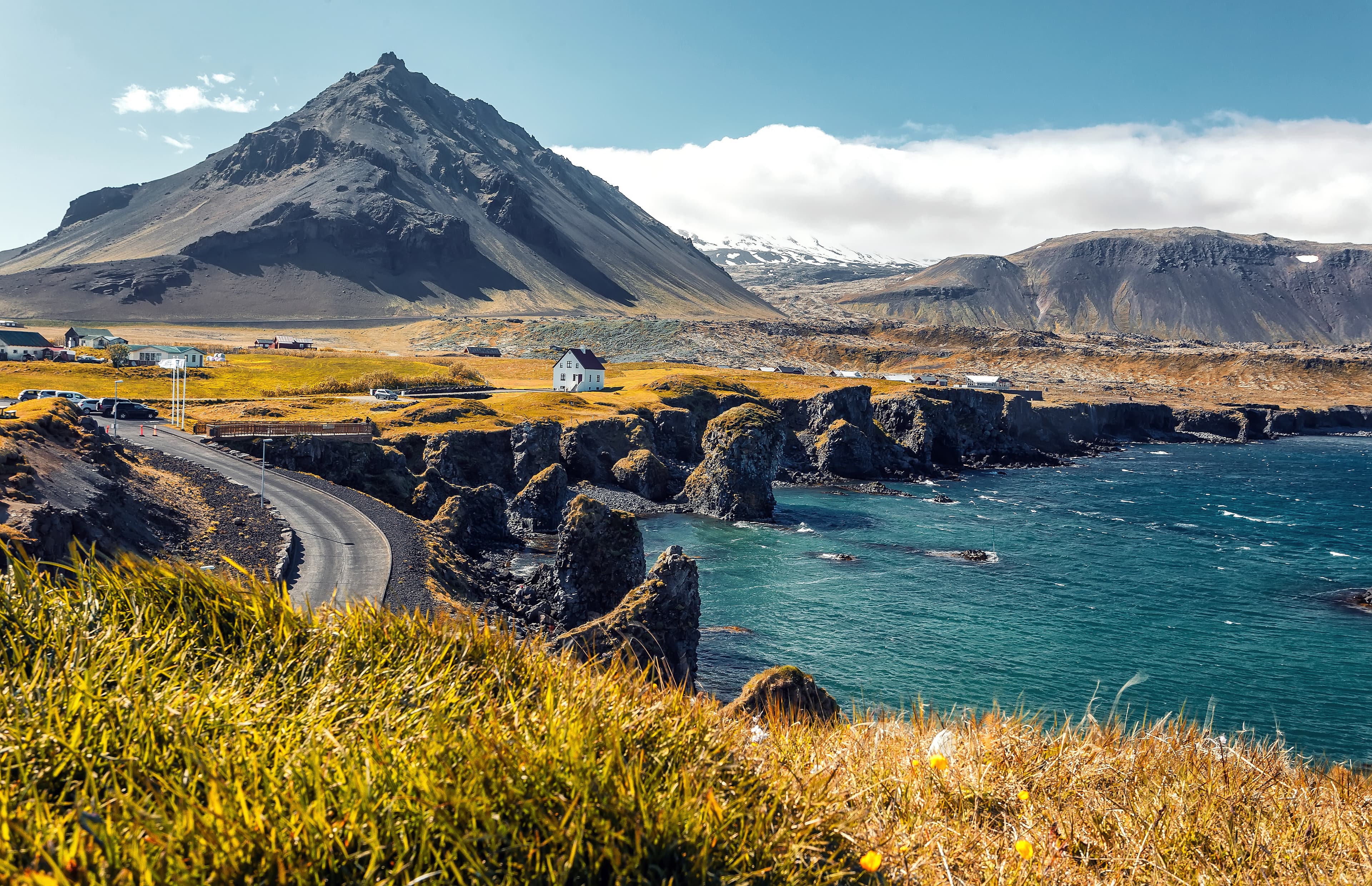 Panoramic view on Impressive Icelandic seascape. Majestic Stykkisholmur rocky fjords at sunset. Snaefellsnes peninsula. Amazing Iceland. Arnarstapi village popular travel and hiking destination place Panoramic view on Impressive Icelandic seascape. Majestic Stykkisholmur rocky fjords at sunset. Snaefellsnes peninsula. Amazing Iceland. Arnarstapi village popular travel and hiking destination place