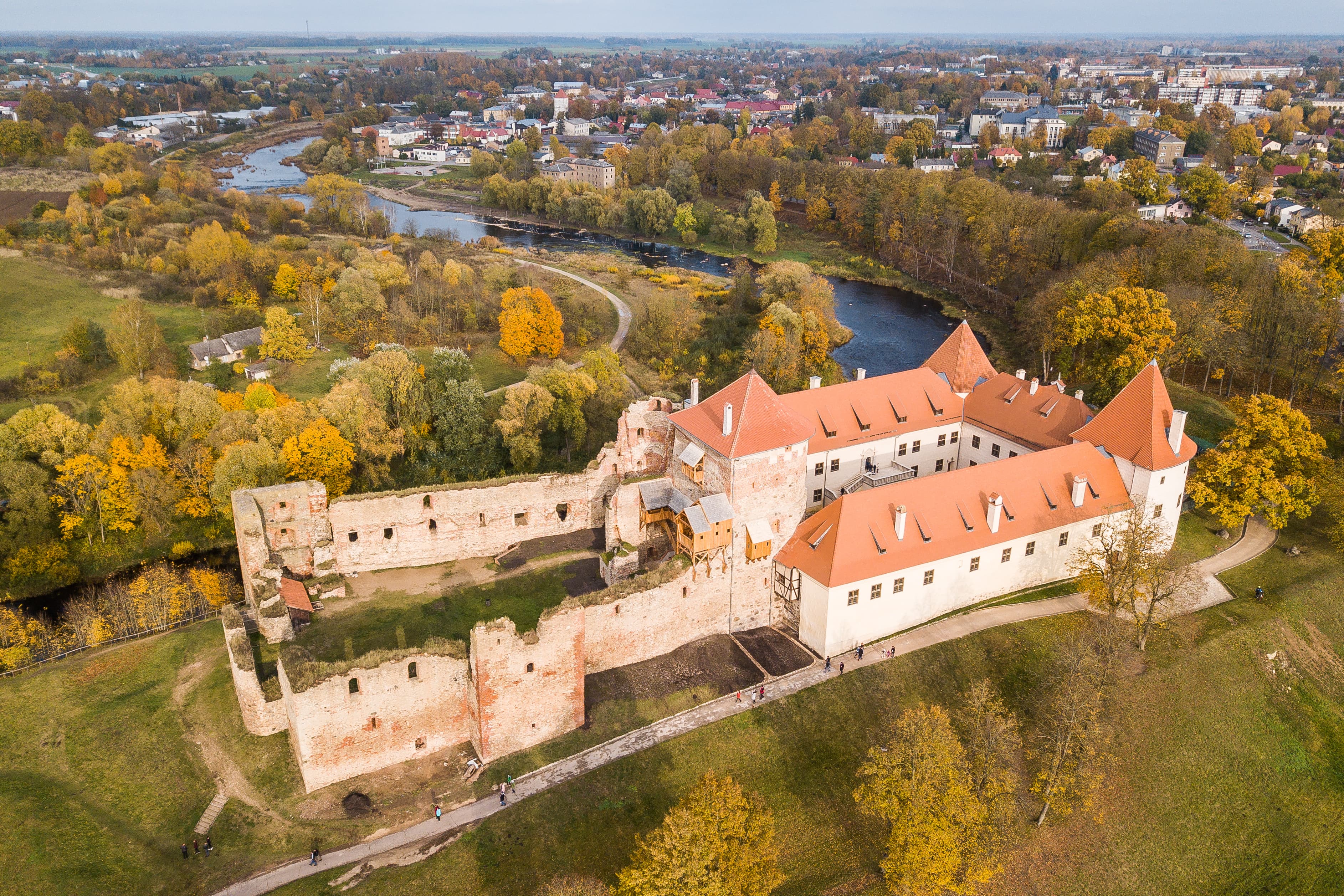 Bauska town aerial panorama with Bauska medieval castle