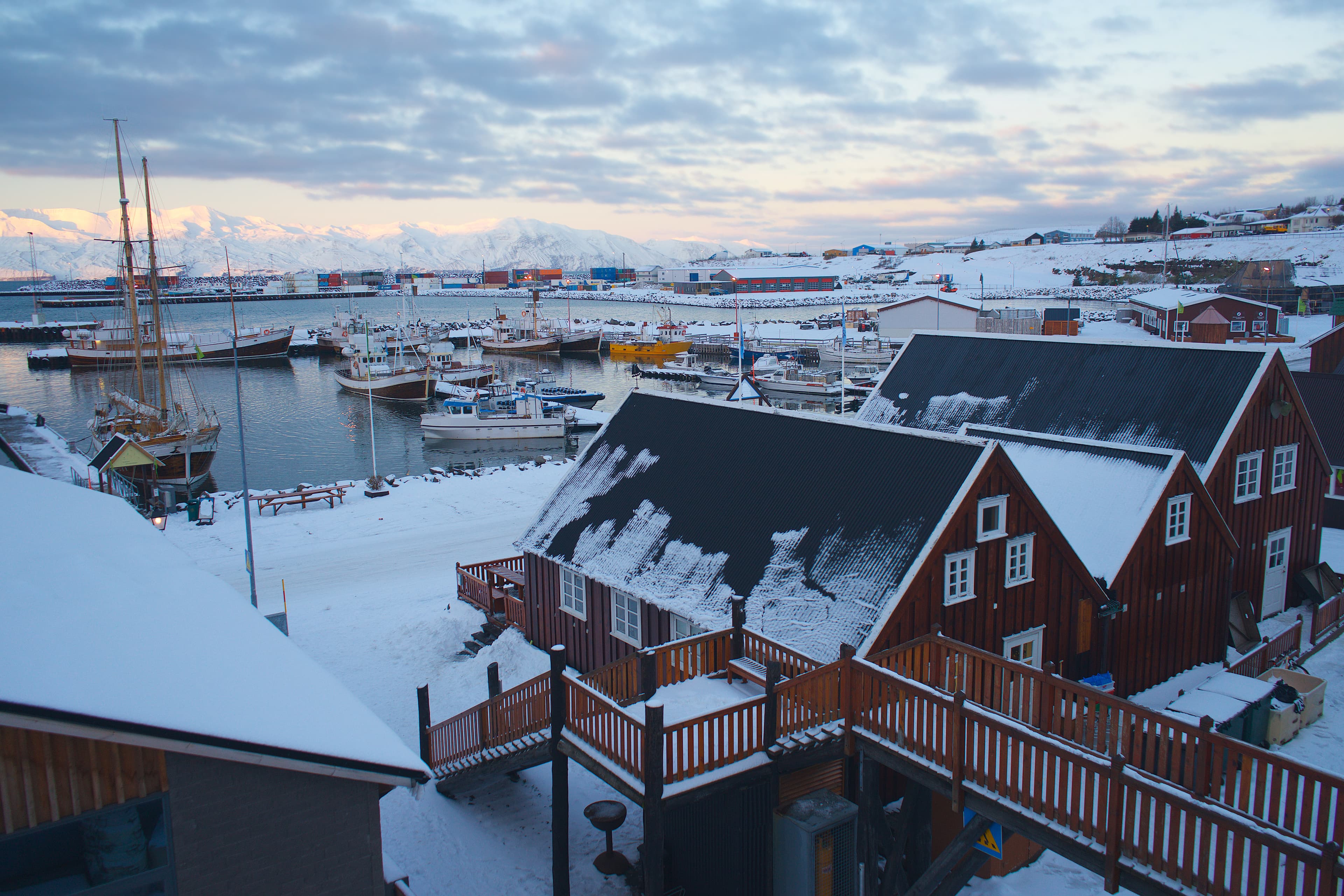 Iceland Husavik in winter view of the harbor