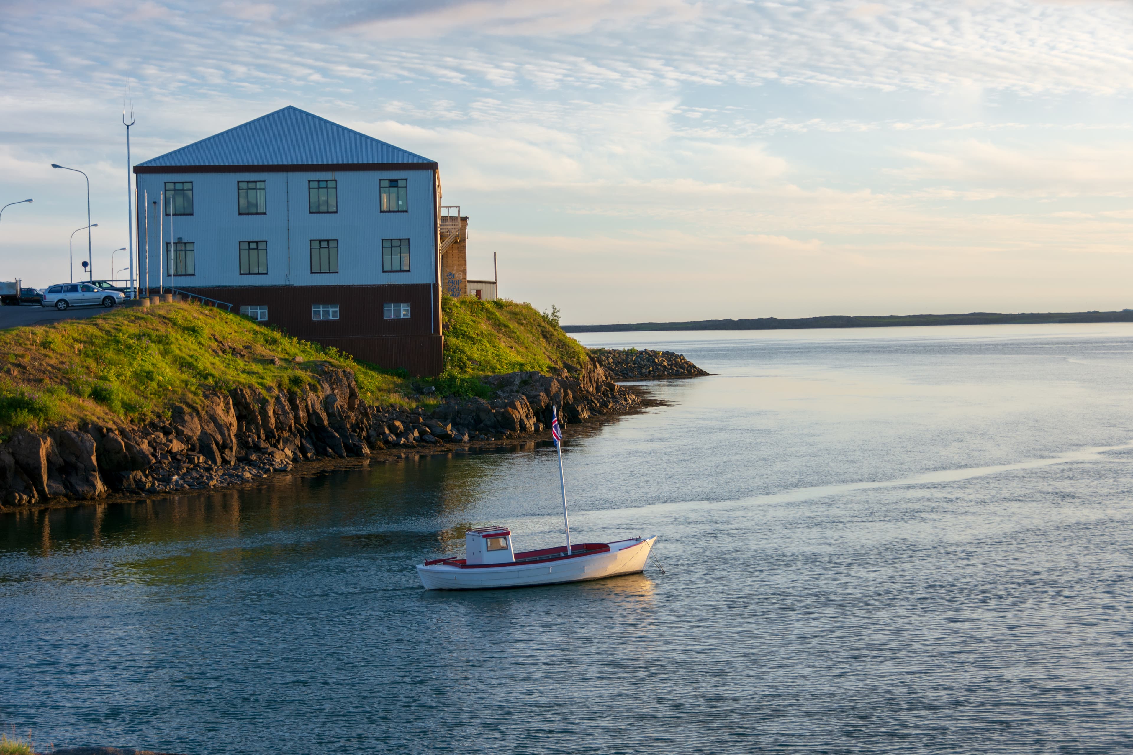Midnight sun golden hour at the harbor of Borgarnes, Iceland Midnight sun golden hour at harbor of Borgarnes, Iceland