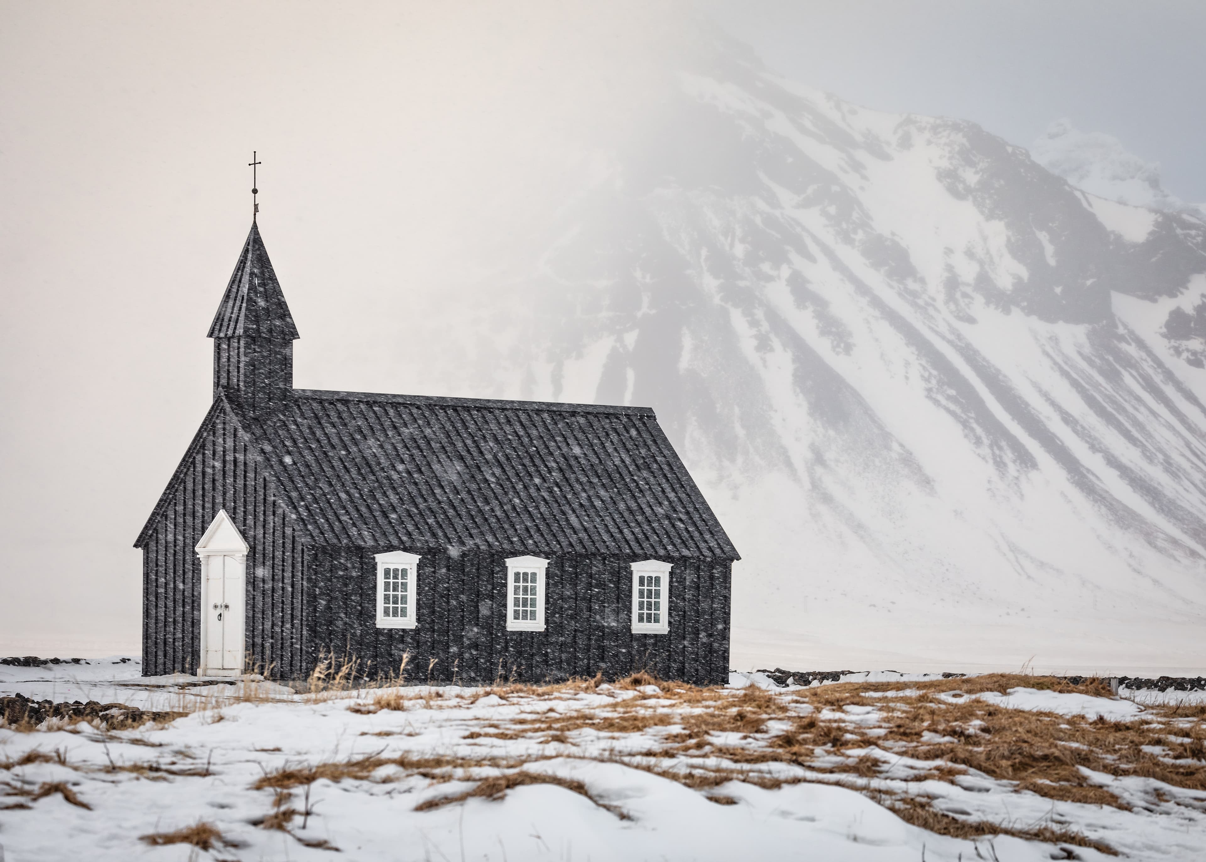 Búðir church in the snow storm, snaefellsnes, church, black church, mountains