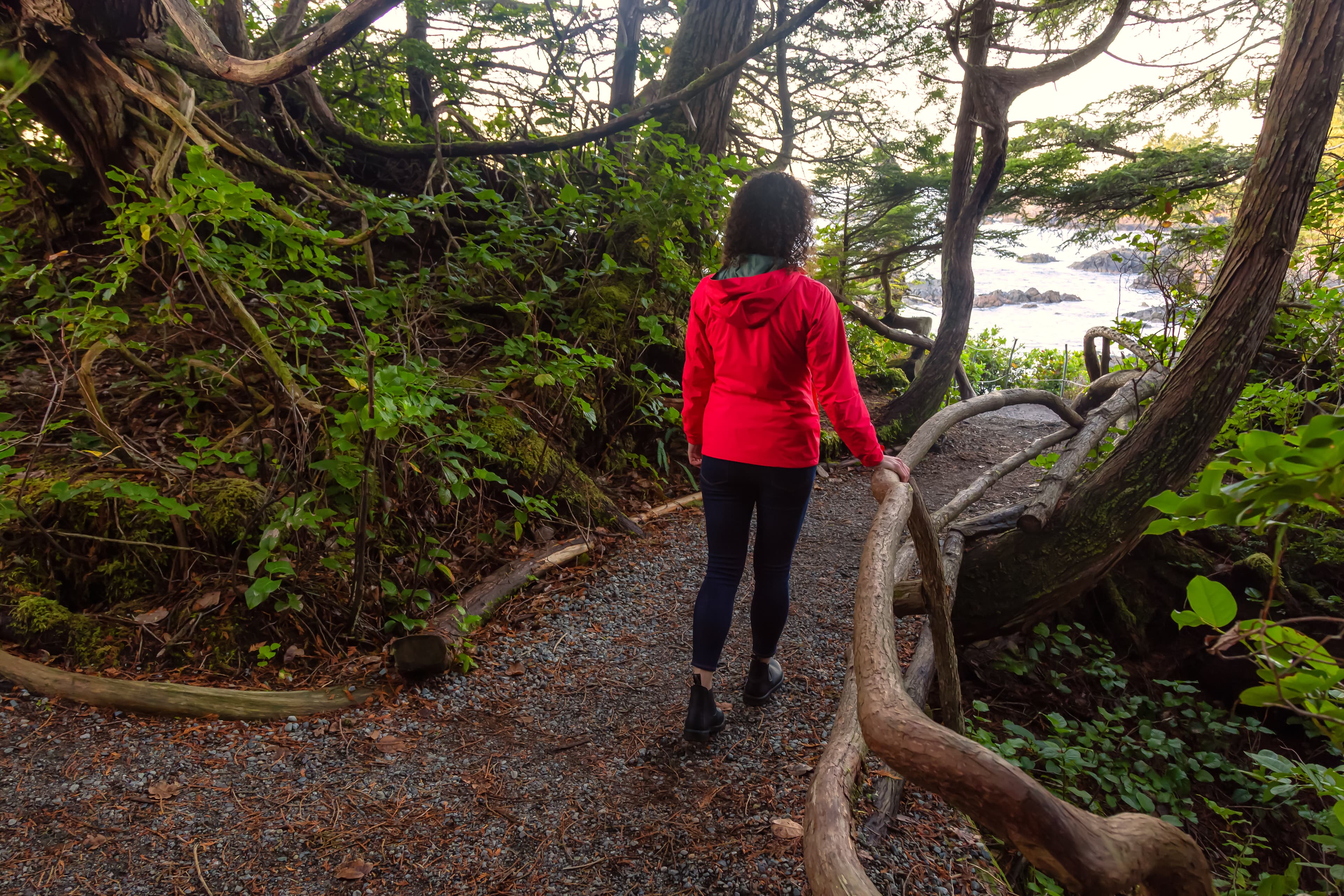 Adventurous Girl walking in a Forest with a beautiful view on the Ocean Coast during a vibrant colorful sunrise. Wild Pacifc Trail, Ucluelet, Vancouver Island, BC, Canada. Adventurous Girl walking in a Forest with a beautiful view on the Ocean Coast during a vibrant colorful sunrise. Wild Pacifc Trail, Ucluelet, Vancouver Island, BC, Canada.