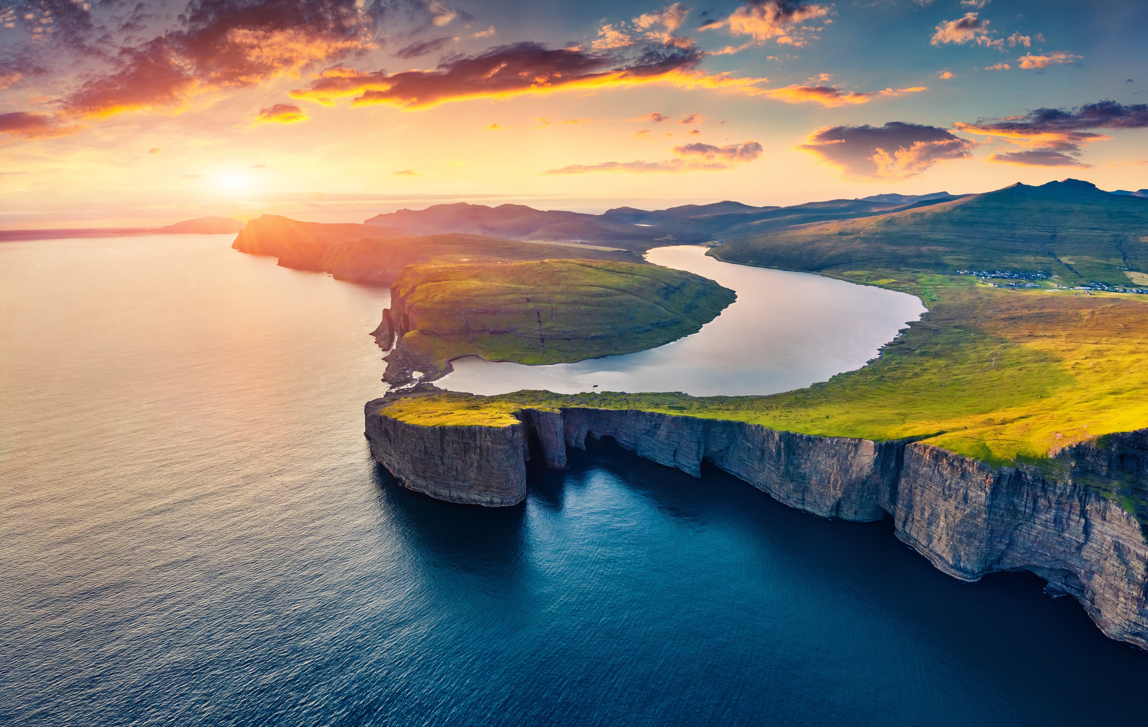 View from flying drone. Breathtaking evening scene of Sorvagsvatn lake, Vagar, Faroe Islands, Kingdom of Denmark, Europe. Unbelievable summer sunset on Atlantic Ocean.; Shutterstock ID 1488329624 View from flying drone. Sorvagsvatn lake, Faroe Islands, Denmark