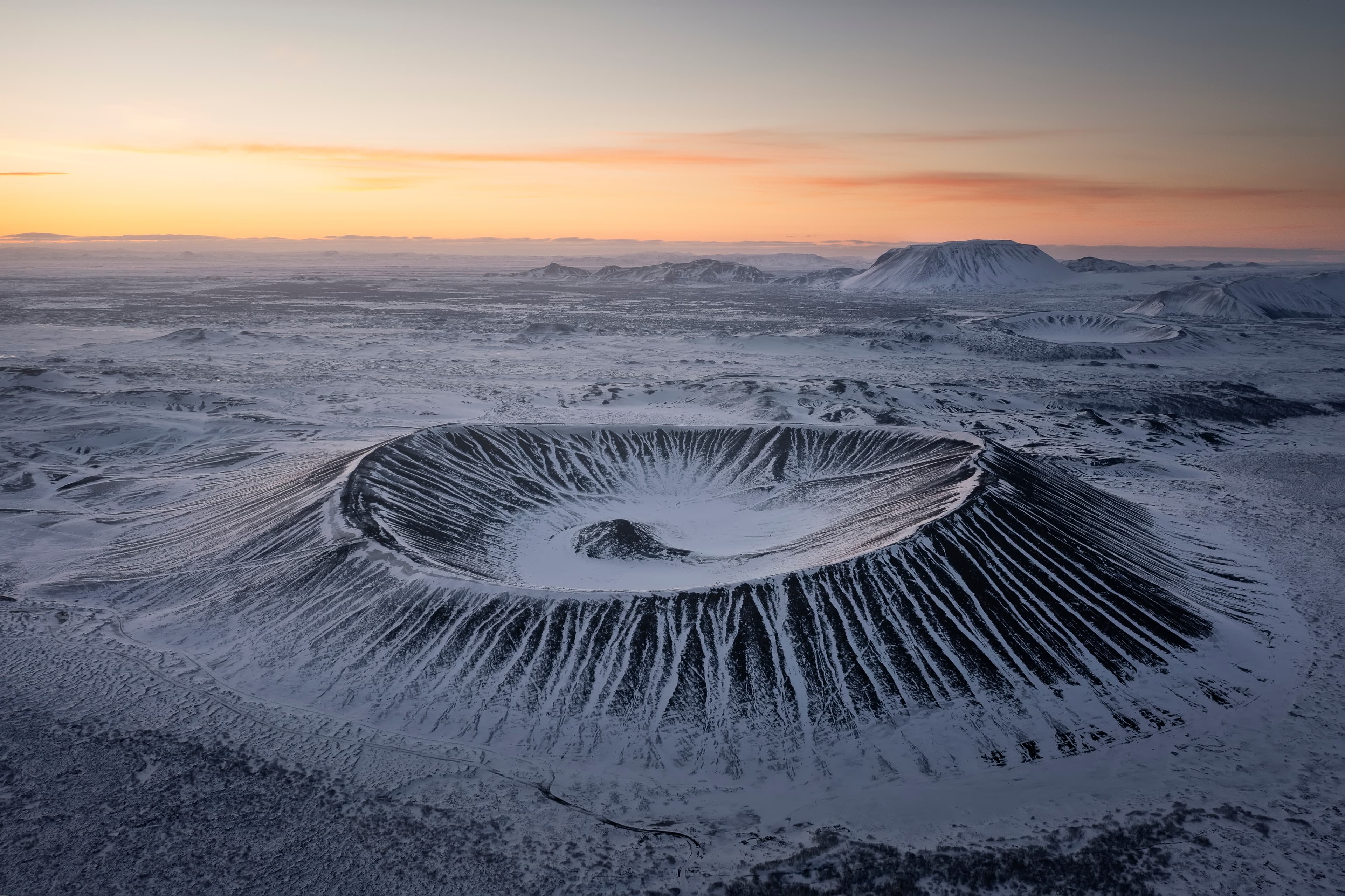 hverfjall-volcano-crater-aerial-view at sunrise