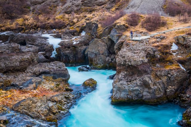 Hraunfossar and Barnafossar Waterfall in Iceland