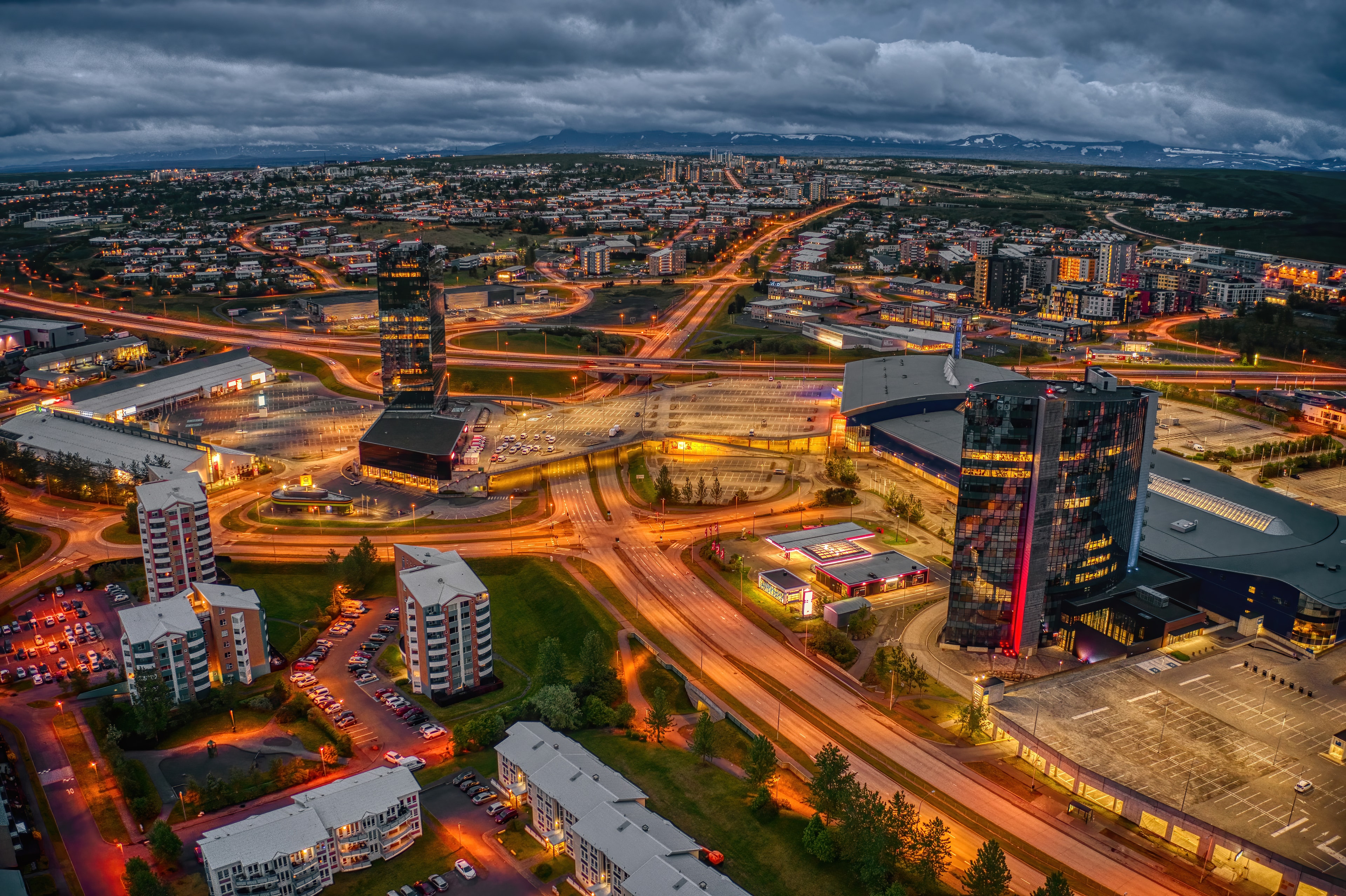 Aerial view of the Kópavogur Business District at Night during Summer Aerial view of the Kópavogur Business District at Night during Summer