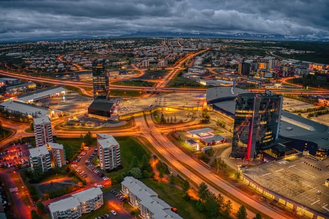 Aerial view of the Kópavogur Business District at Night during Summer Aerial view of the Kópavogur Business District at Night during Summer