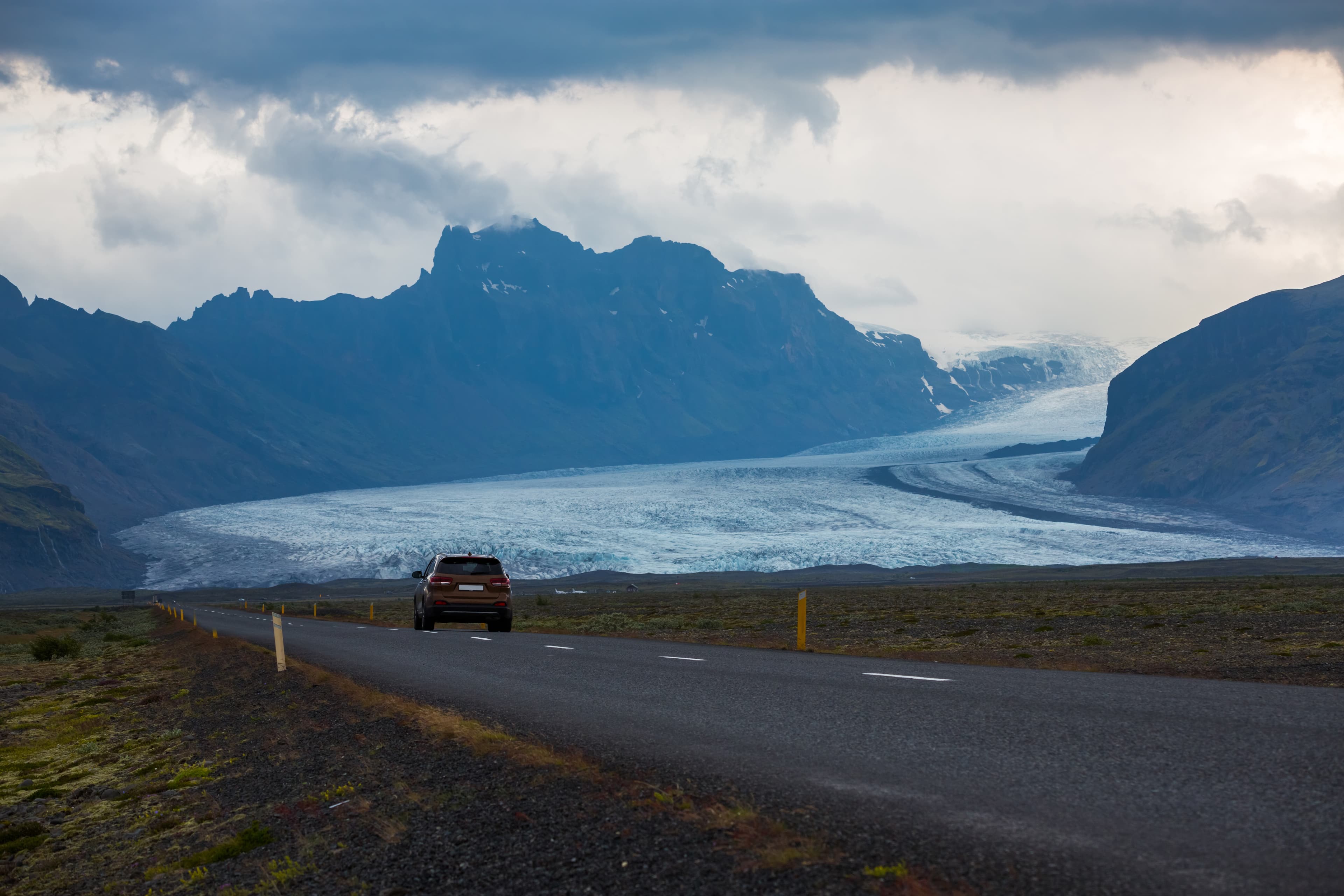 Beautiful view of to the front window in the car look at view glacier Skaftafell , Vatnajokull National Park at summer in Iceland