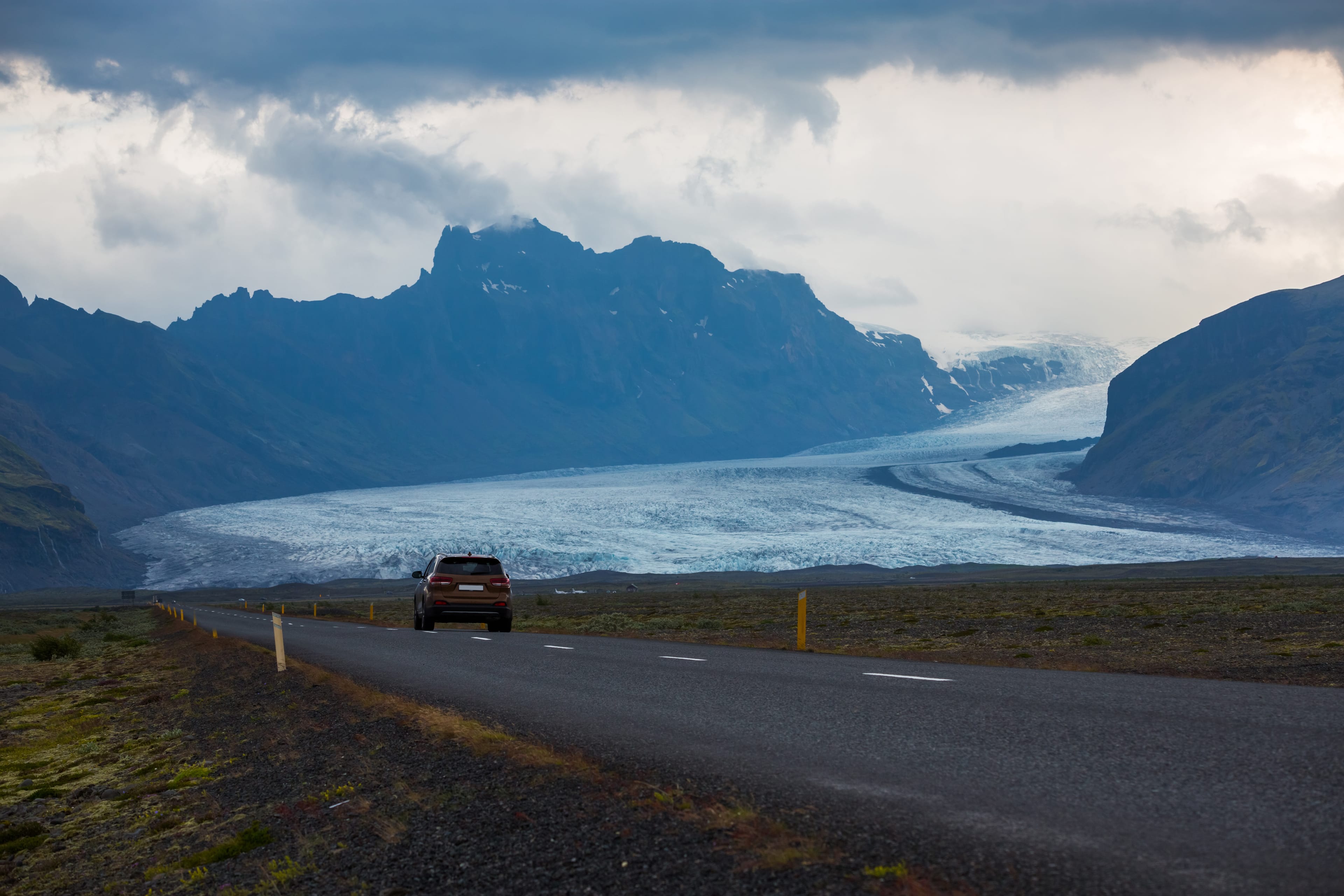 Beautiful view of to the front window in the car look at view glacier Skaftafell , Vatnajokull National Park at summer in Iceland