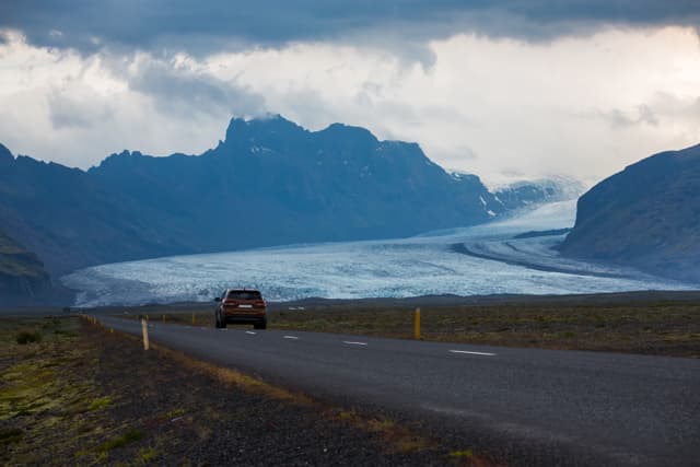 Beautiful view of to the front window in the car look at view glacier Skaftafell , Vatnajokull National Park at summer in Iceland