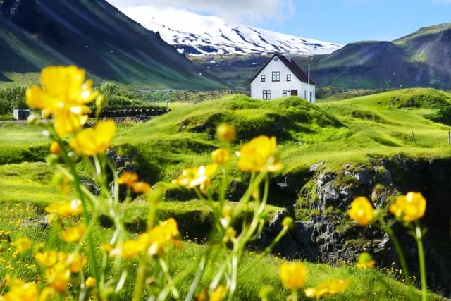 Amazing fishing village view of Arnarstapi in summer time at Snaefellsnes Peninsula, Iceland