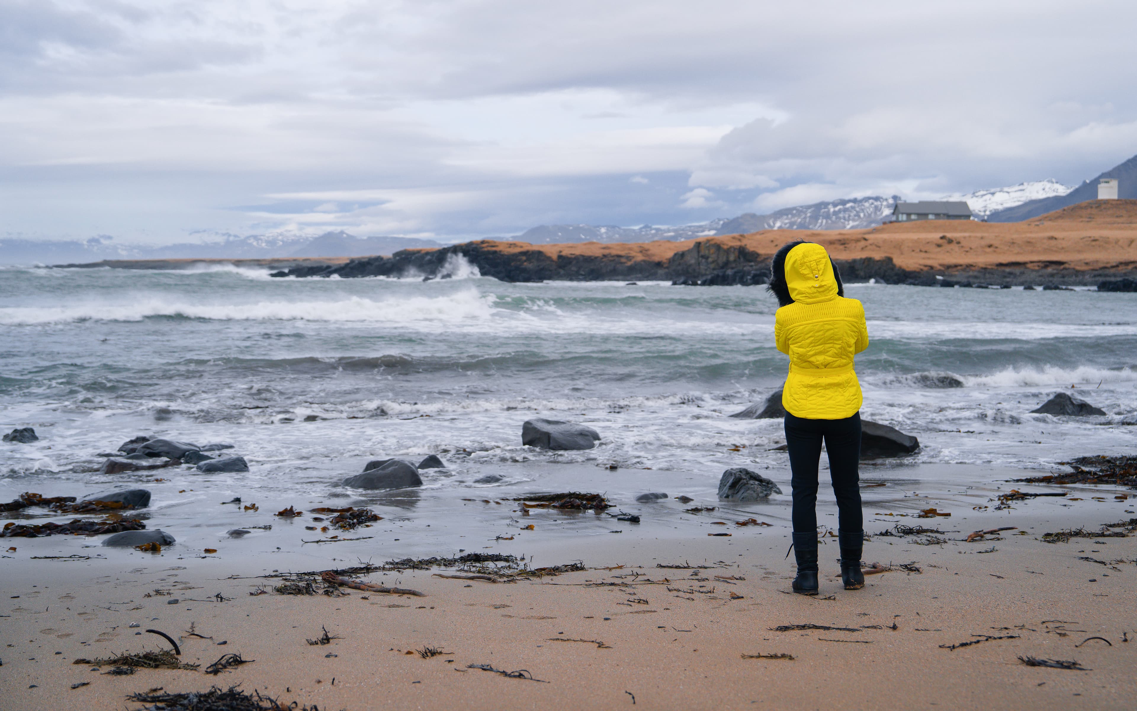 Photographer at Ytri Tunga beach in Snæfellsjökull National Park at Snaefellsnes Peninsula, Iceland. Coastline with black volcanic rocks and orange sea 