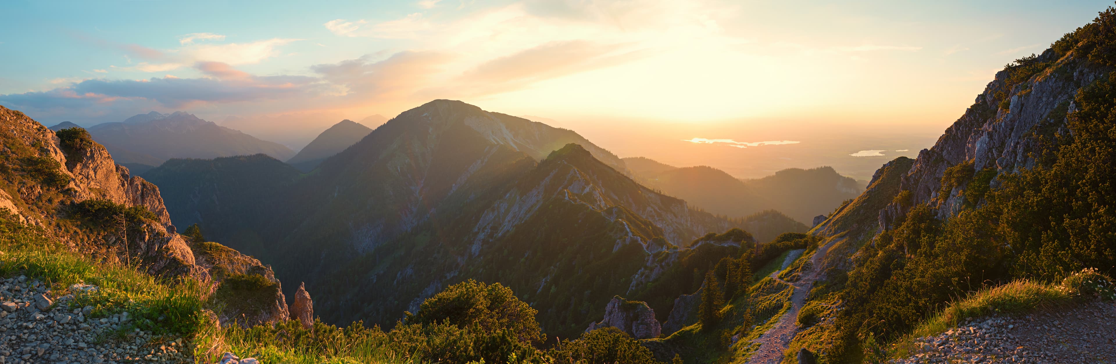 alpine landscape panorama in the evening, herzogstand mountain upper bavaria alpine landscape panorama in the evening, herzogstand mountain